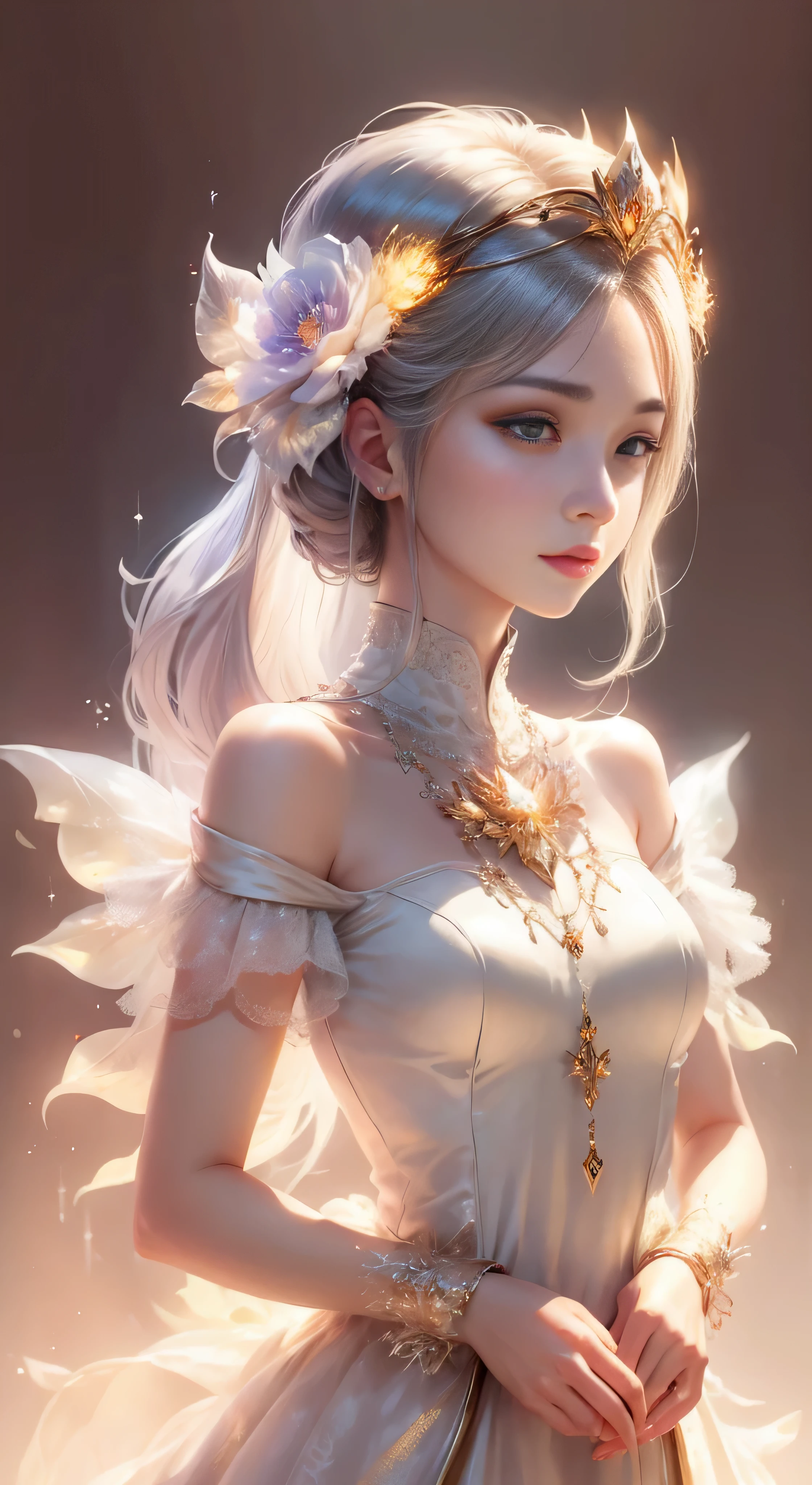 castle in the distance、face is in front、look at the camera、profile、8K、real photos、ultra high resolution, master parts, highest quality, ticker , cinematic images,nice girl、Ann、16 only、Annグロサクソン、double eyelid、droopy eyes、very big eyes、eyes are purple、dark eye shadow、lips are very thin、The tip of your nose grows beautifully...........................................、small nose,,,,, very detailed , silver hair、straight short hair、smile、 sweet expression 、)、very clear shadows , jewelry , fine eyes, Very difficult, shiny skin , パーフェクトブリリAnnト, perfect sentence, dramatic shadow、white tiara on head、gold necklace around neck、White aristocratic dress with gold embroidery、glass high heels、angel wings