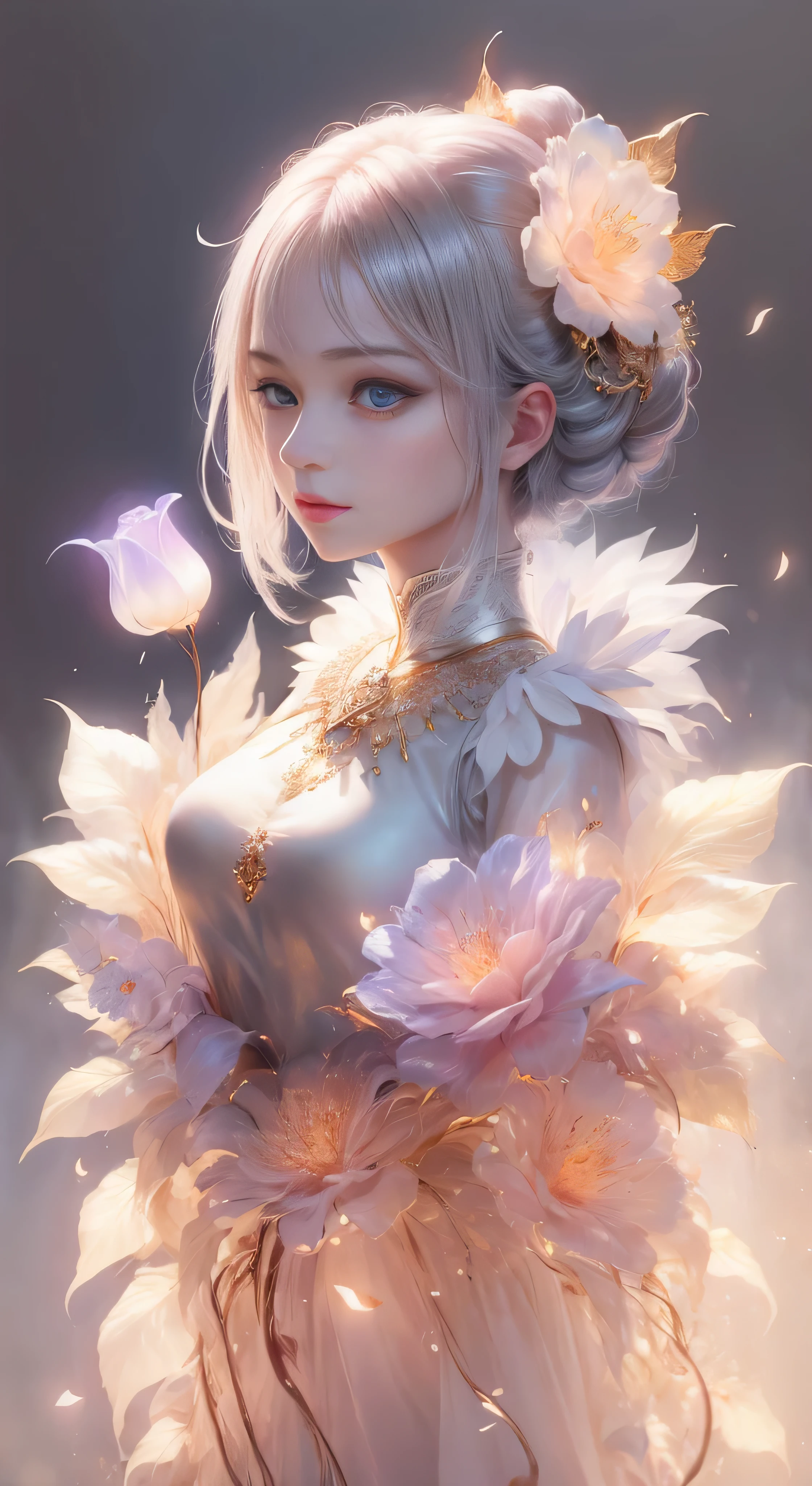 castle in the distance、face is in front、look at the camera、profile、8K、real photos、ultra high resolution, master parts, highest quality, ticker , cinematic images,nice girl、Ann、16 only、Annグロサクソン、double eyelid、droopy eyes、very big eyes、eyes are purple、dark eye shadow、lips are very thin、The tip of your nose grows beautifully.......................................................、small nose,,,,, very detailed , silver hair、straight short hair、smile、 sweet expression 、）、very clear shadows , jewelry , fine eyes, extremely difficult, shiny skin , パーフェクトブリリAnnト, perfect sentence, dramatic shadow、white tiara on head、gold necklace around neck、White aristocratic dress with gold embroidery、glass high heels、angel wings