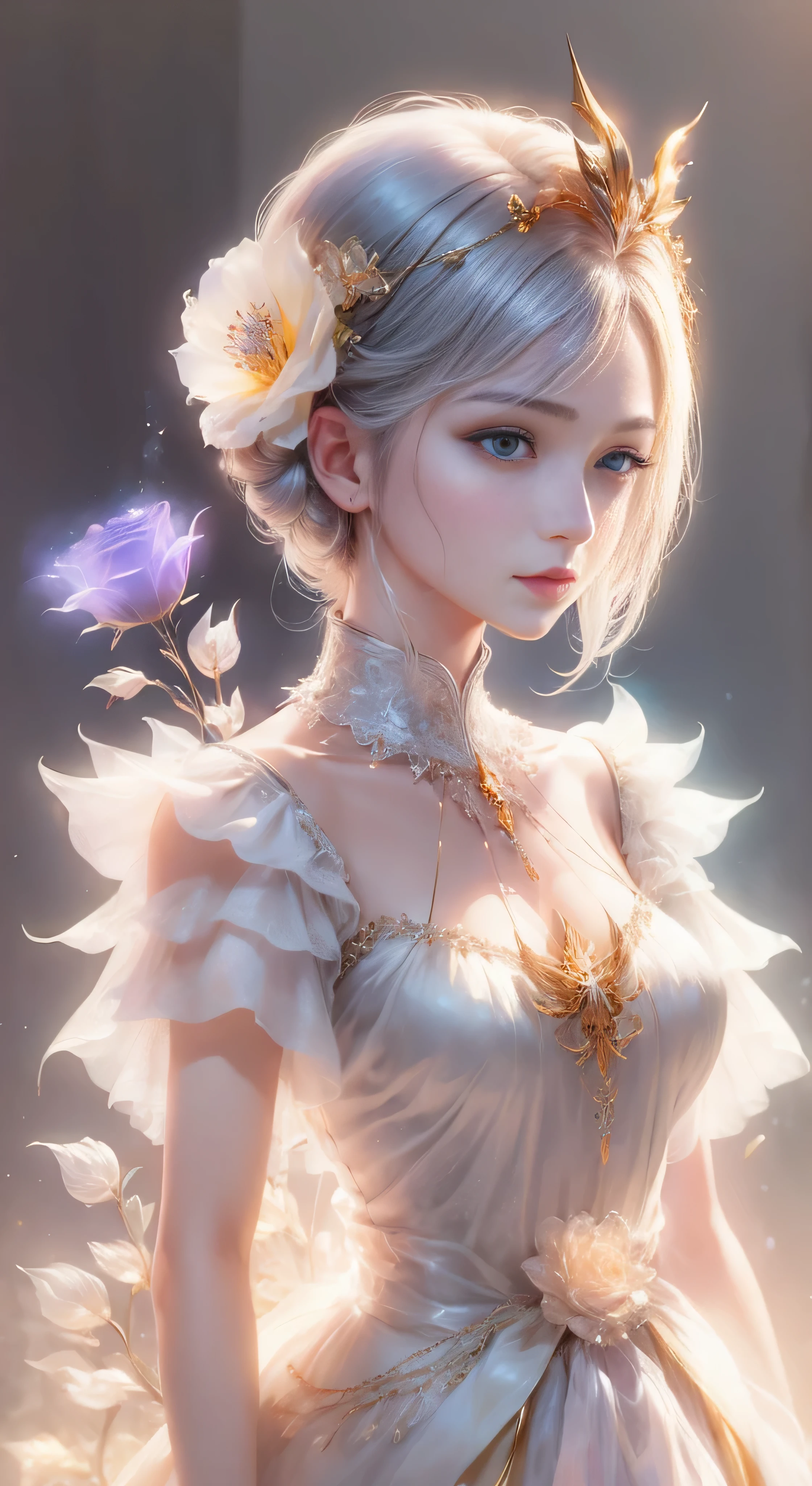 castle in the distance、face is in front、look at the camera、profile、8K、real photos、ultra high resolution, master parts, highest quality, ticker , cinematic images,nice girl、Ann、16 only、Annグロサクソン、double eyelid、droopy eyes、very big eyes、eyes are purple、dark eye shadow、lips are very thin、The tip of your nose grows beautifully.......................................................、small nose,,,,, very detailed , silver hair、straight short hair、smile、 sweet expression 、）、very clear shadows , jewelry , fine eyes, extremely difficult, shiny skin , パーフェクトブリリAnnト, perfect sentence, dramatic shadow、white tiara on head、gold necklace around neck、White aristocratic dress with gold embroidery、glass high heels、angel wings
