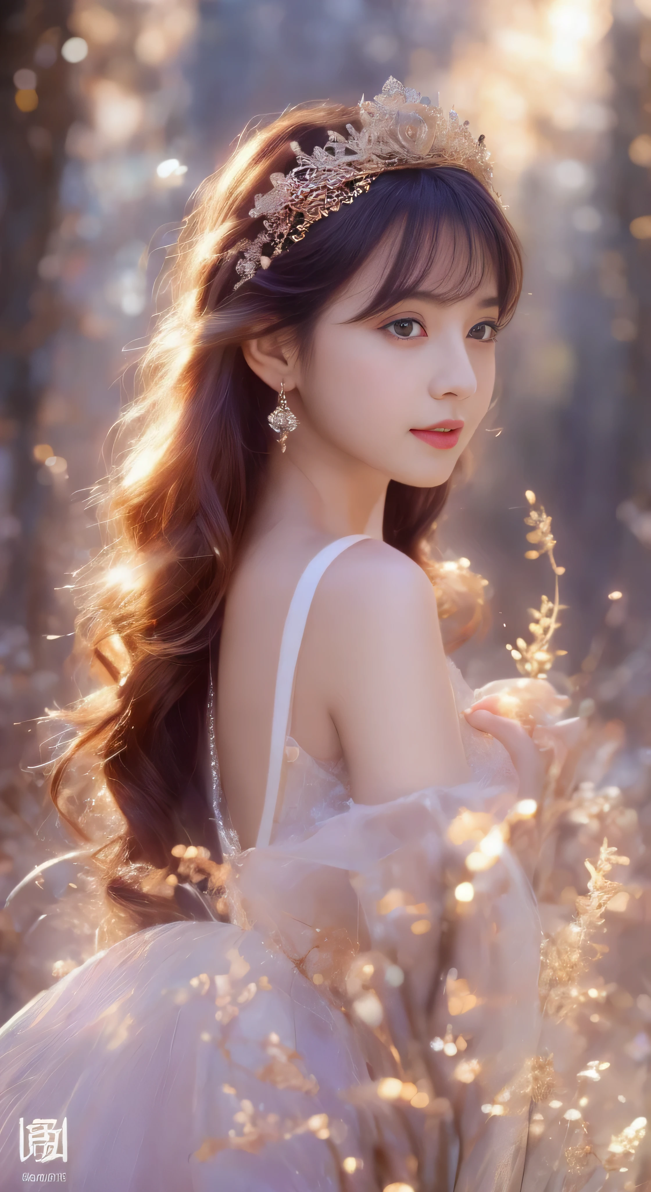 castle in the distance、face is in front、look at the camera、profile、8K、real photos、ultra high resolution, master parts, highest quality, ticker , cinematic images,nice girl、Ann、16 only、Annグロサクソン、double eyelid、droopy eyes、very big eyes、eyes are purple、dark eye shadow、lips are very thin、The tip of your nose grows beautifully.......................................................、small nose,,,,, very detailed , silver hair、straight short hair、smile、 sweet expression 、)、very clear shadows , jewelry , fine eyes, extremely difficult, shiny skin , パーフェクトブリリAnnト, perfect sentence, dramatic shadow、white tiara on head、Gold necklace around the neck、White aristocratic dress with gold embroidery、glass high heels、angel wings