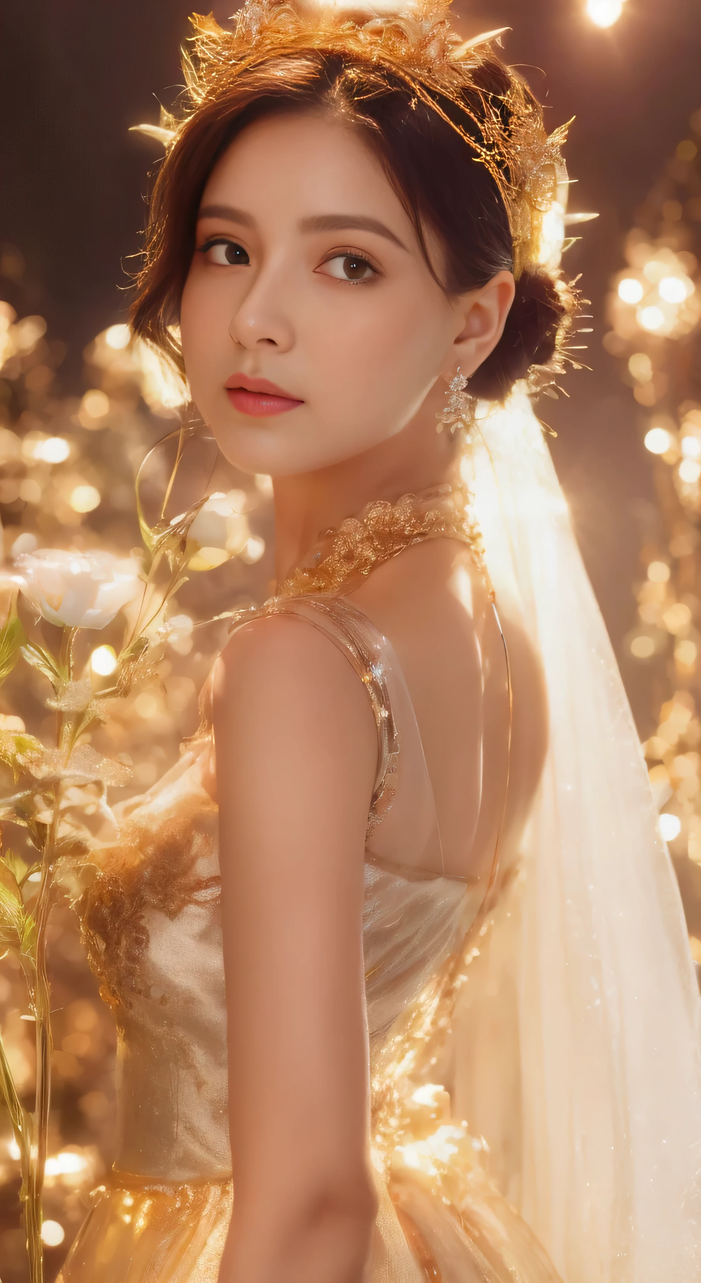 castle in the distance、face is in front、look at the camera、profile、8K、real photos、ultra high resolution, master parts, highest quality, ticker , cinematic images,nice girl、Ann、16 only、Annグロサクソン、double eyelid、droopy eyes、very big eyes、eyes are purple、dark eye shadow、lips are very thin、The tip of your nose grows beautifully.......................................................、small nose,,,,, very detailed , silver hair、straight short hair、smile、 sweet expression 、）、very clear shadows , jewelry , fine eyes, extremely difficult, shiny skin , パーフェクトブリリAnnト, perfect sentence, dramatic shadow、white tiara on head、Gold necklace around the neck、White aristocratic dress with gold embroidery、glass high heels、angel wings