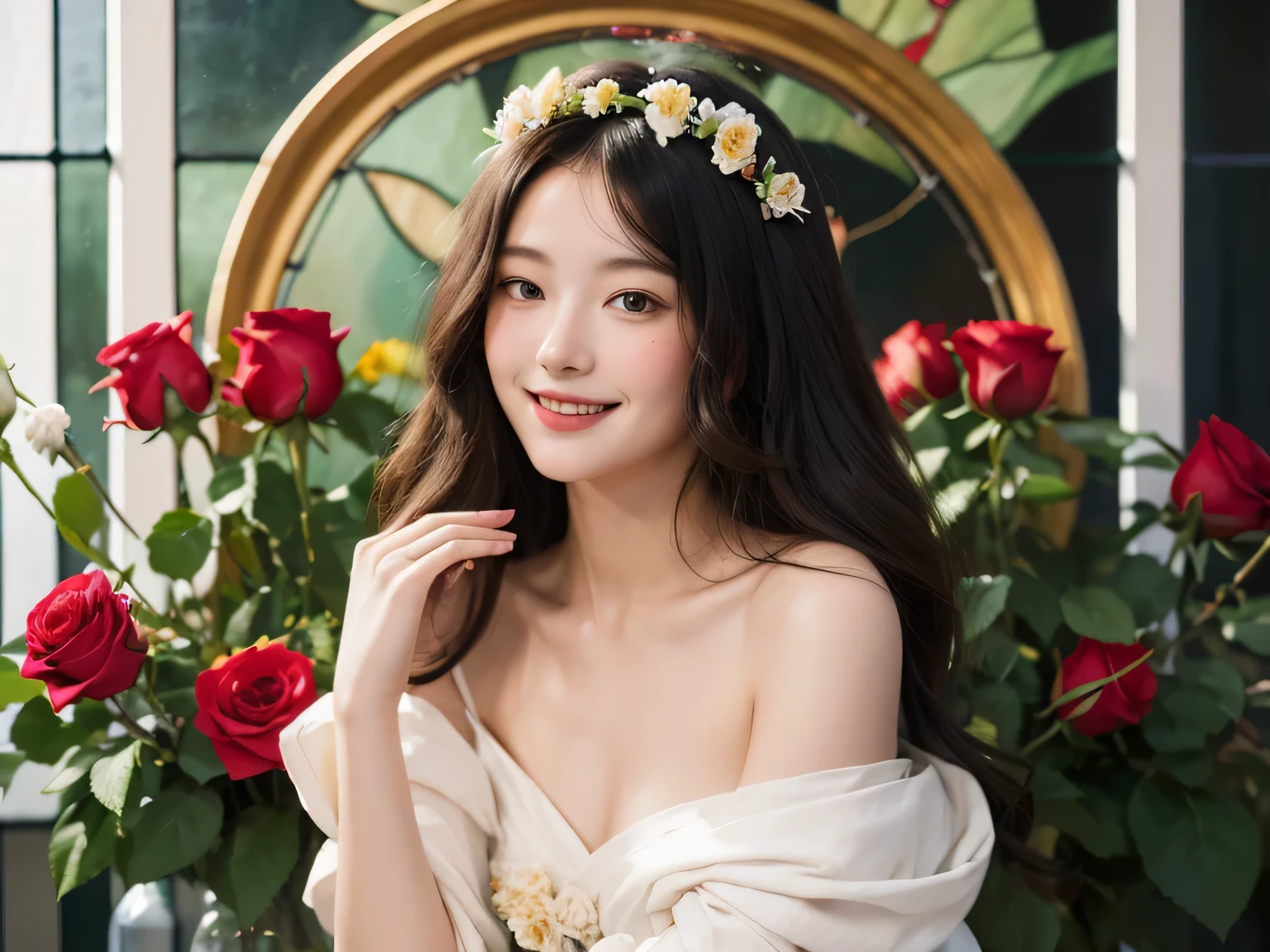 full body portrait or statue、Stained glass、Vigée Leblanc style、math、Astronomical machinery、astronaut、roses in vase、fruit、Cute trinkets、smile、ancient greek costume、Sandro Botticelli paintings、Clothes that stretch your shoulders、A big smile、expression of ecstasy、sexy、beautiful bare skin、A detailed representation of the seducing woman throughout her body..