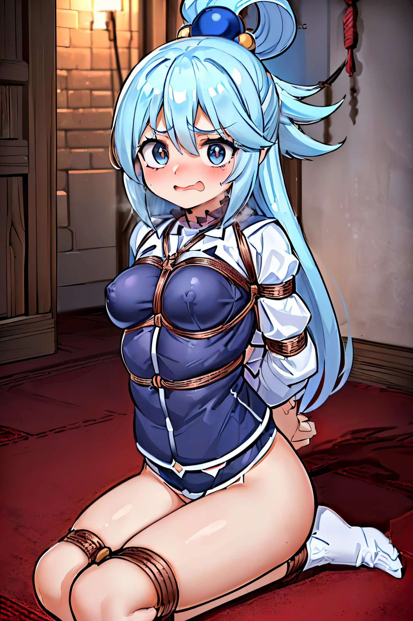naked, top quality, masterpiece, (Original photo, natural light:1.1), (correct anatomy:1.5), ((front view:1.OV, 1 girl, aqua from konosuba, Looking at the viewer, cowboy shot,(looks younger than his real age:1.3), quite detailed skin, dark eyes, ((narrow eyes:1.4)), finely detailed nose, Beautiful lips, (embarrassed:1.3), ((small, Slim:1.4)), ((Beautiful breasts:1.2)), (((Hands behind your back, restrained, Shibari, rope bondage:1.5))), (((Sitting on the floor:1.4))), (((in room, midnight, a dark room, Empty room:1.2))), fears