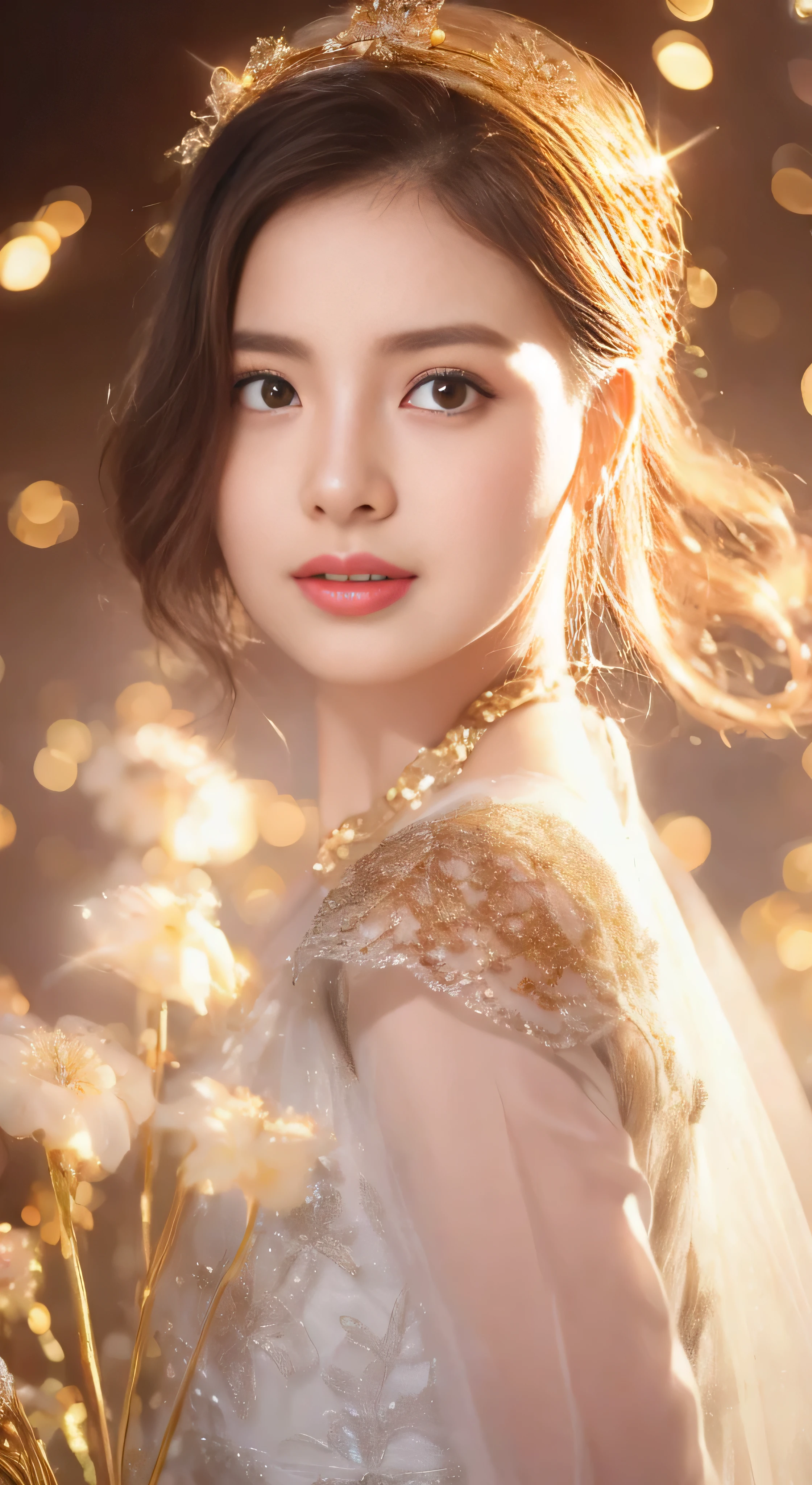 castle in the distance、face is in front、look at the camera、profile、8K、real photos、ultra high resolution, master parts, highest quality, ticker , cinematic images,nice girl、Ann、16 only、Annグロサクソン、double eyelid、droopy eyes、very big eyes、eyes are purple、dark eye shadow、lips are very thin、The tip of your nose grows beautifully.......................................................、small nose,,,,, very detailed , silver hair、straight short hair、smile、 sweet expression 、)、very clear shadows , jewelry , fine eyes, extremely difficult, shiny skin , パーフェクトブリリAnnト, perfect sentence, dramatic shadow、white tiara on head、gold necklace around neck、White aristocratic dress with gold embroidery、glass high heels、angel wings