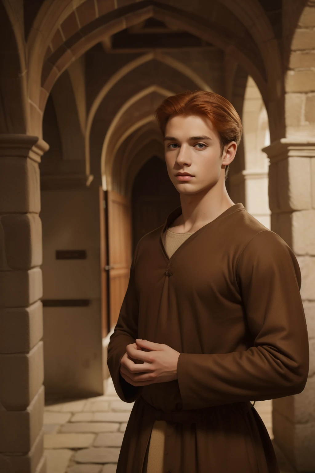 England, 1327. A young ((((21-year-old)) Merthin Fitzgerald)), handsome, athletic, in a secret corridor, ((awe expression)). ((((clothings from the 1300s)))), ((redhead hairstyle of the 1300s))