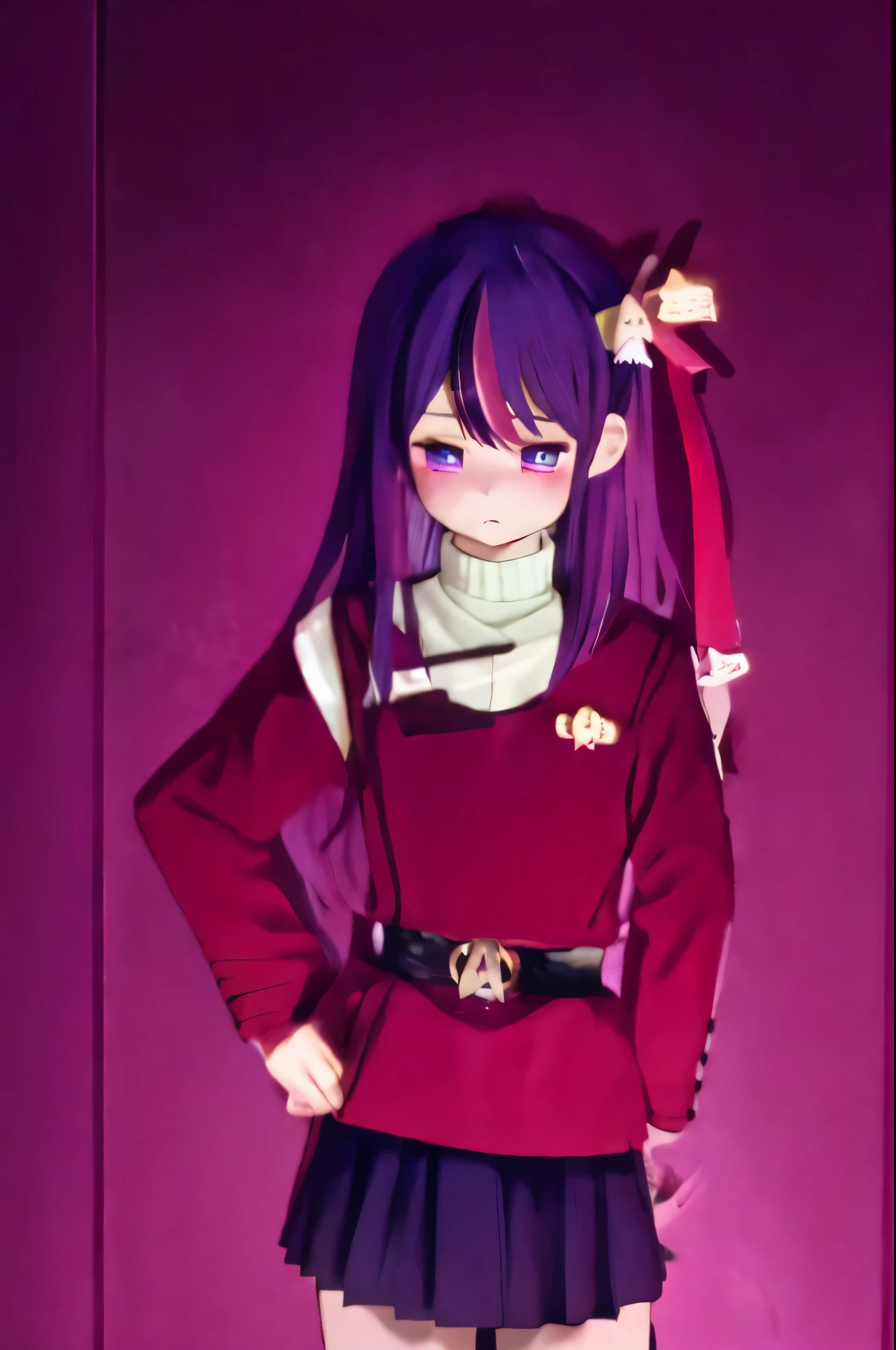 Hoshino Ai, long hair, purple hair, streaked hair ,purple eyes, star-shaped pupils, hair ornament, red twokunf uniform expression