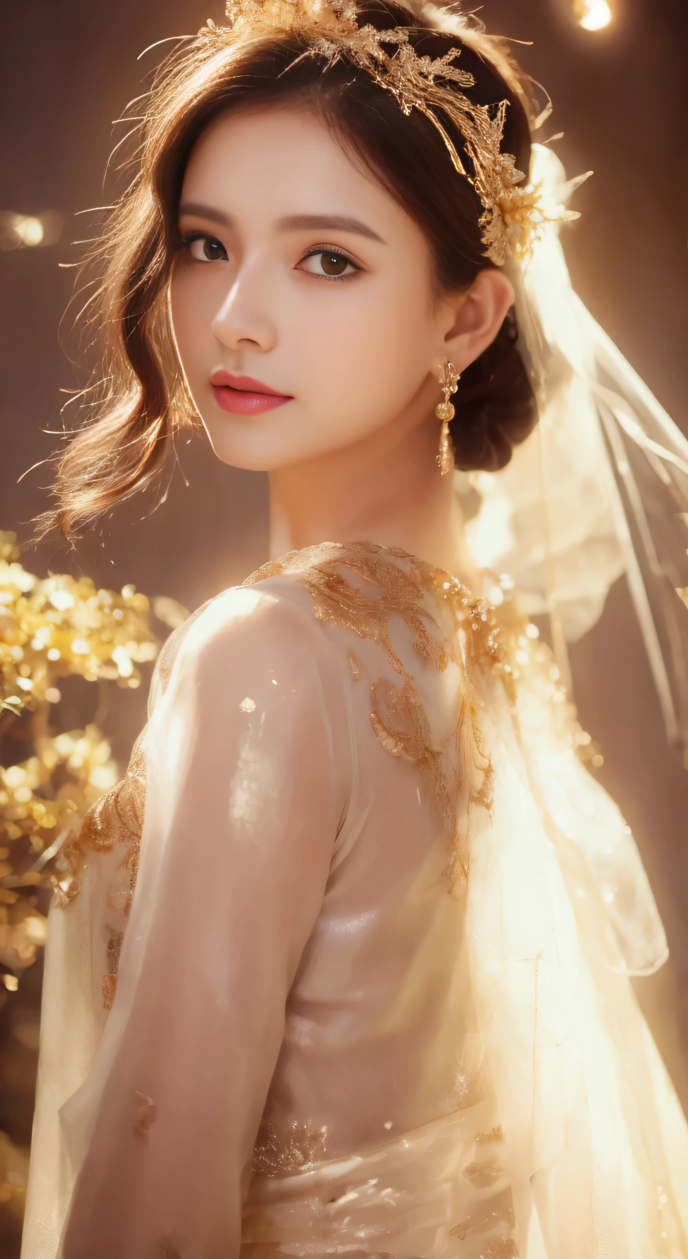 castle in the distance、face is in front、look at the camera、profile、8K、real photos、ultra high resolution, master parts, highest quality, ticker , cinematic images,nice girl、Ann、16 only、Annグロサクソン、double eyelid、droopy eyes、very big eyes、eyes are purple、dark eye shadow、lips are very thin、The tip of your nose grows beautifully.......................................................、small nose,,,,, very detailed , silver hair、straight short hair、smile、 sweet expression 、)、very clear shadows , jewelry , fine eyes, extremely difficult, shiny skin , パーフェクトブリリAnnト, perfect sentence, dramatic shadow、white tiara on head、gold necklace around neck、White aristocratic dress with gold embroidery、glass high heels、angel wings