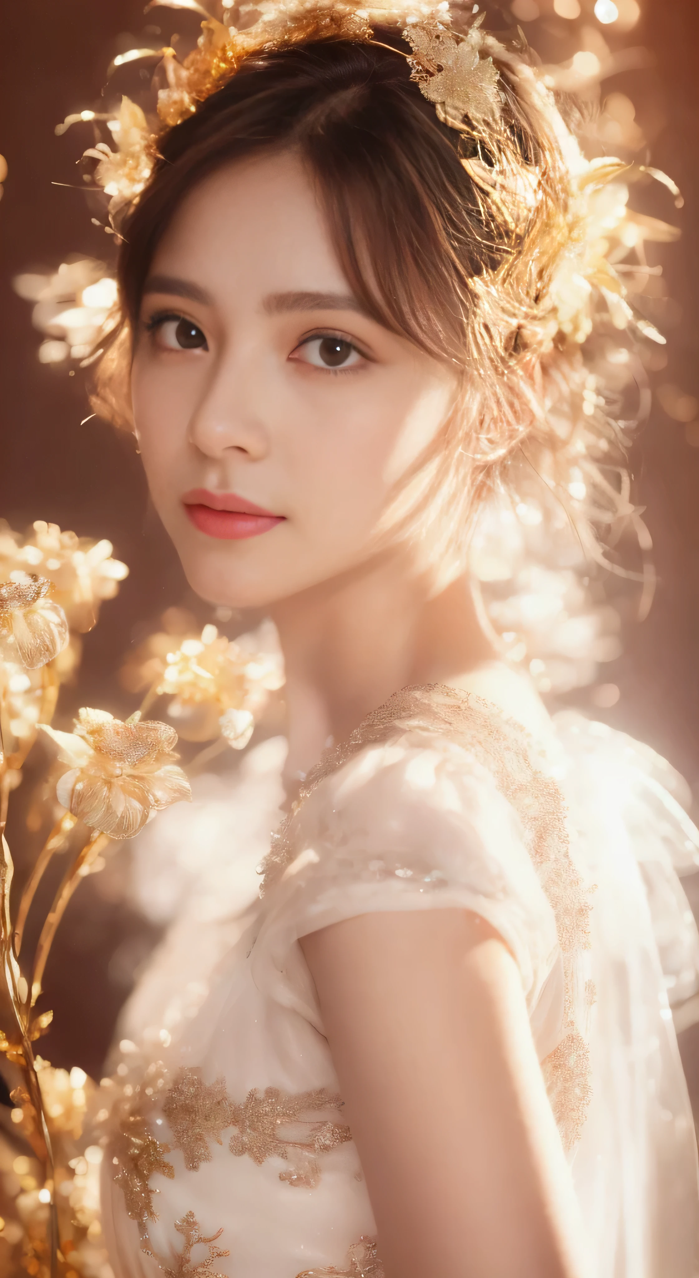 castle in the distance、face is in front、look at the camera、profile、8K、real photos、ultra high resolution, master parts, highest quality, ticker , cinematic images,nice girl、Ann、 only、Annグロサクソン、double eyelid、droopy eyes、very big eyes、eyes are purple、dark eye shadow、lips are very thin、The tip of your nose grows beautifully.......................................................、small nose,,,,, very detailed , silver hair、straight short hair、smile、 sweet expression 、)、very clear shadows , jewelry , fine eyes, extremely difficult, shiny skin , パーフェクトブリリAnnト, perfect sentence, dramatic shadow、white tiara on head、gold necklace around neck、White aristocratic dress with gold embroidery、glass high heels、angel wings