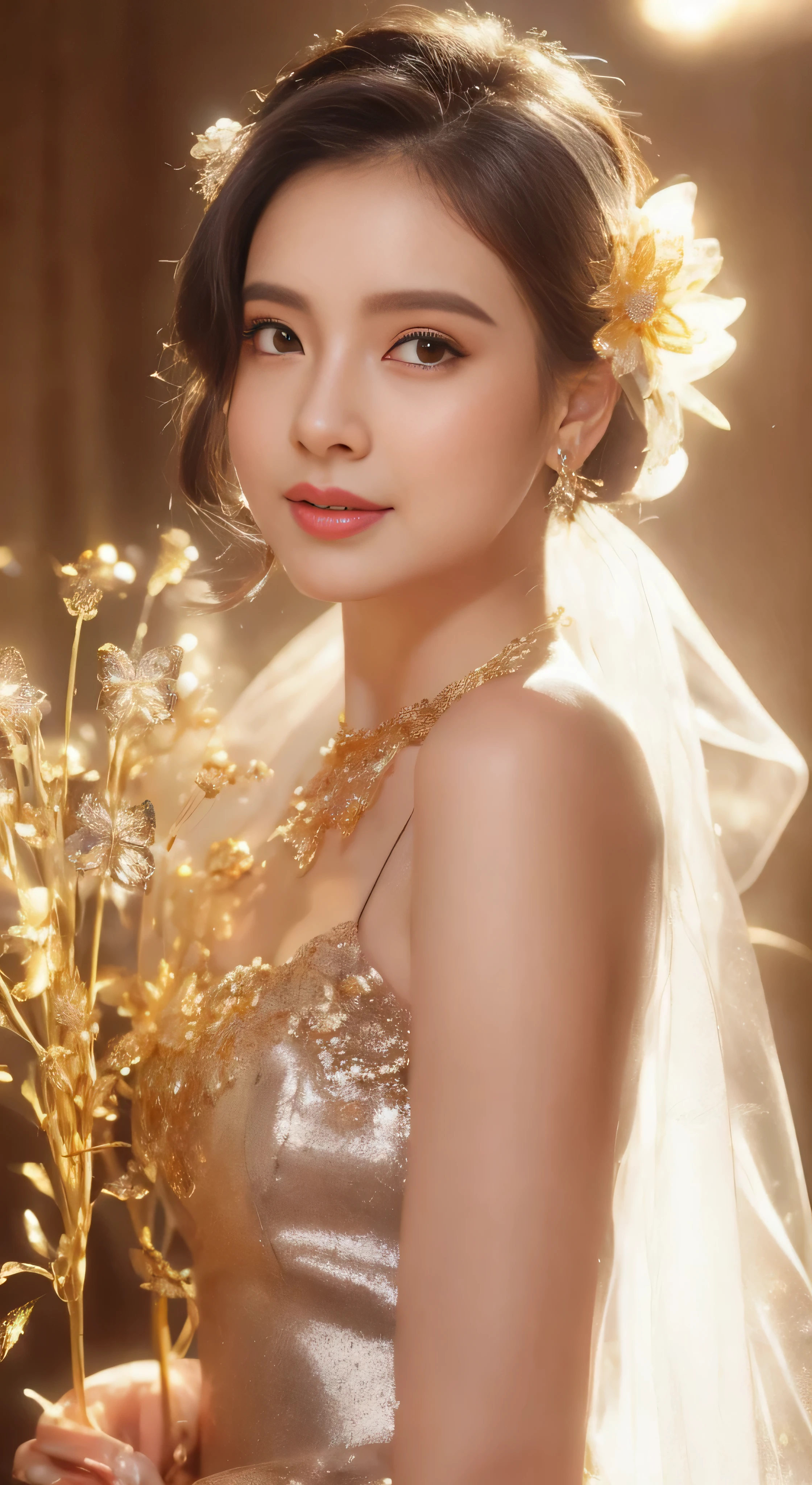 castle in the distance、face is in front、look at the camera、profile、8K、real photos、ultra high resolution, master parts, highest quality, ticker , cinematic images,nice girl、Ann、16 only、Annグロサクソン、double eyelid、droopy eyes、very big eyes、eyes are purple、dark eye shadow、lips are very thin、The tip of your nose grows beautifully.......................................................、small nose,,,,, very detailed , silver hair、straight short hair、smile、 sweet expression 、)、very clear shadows , jewelry , fine eyes, extremely difficult, shiny skin , パーフェクトブリリAnnト, perfect sentence, dramatic shadow、white tiara on head、gold necklace around neck、White aristocratic dress with gold embroidery、glass high heels、angel wings