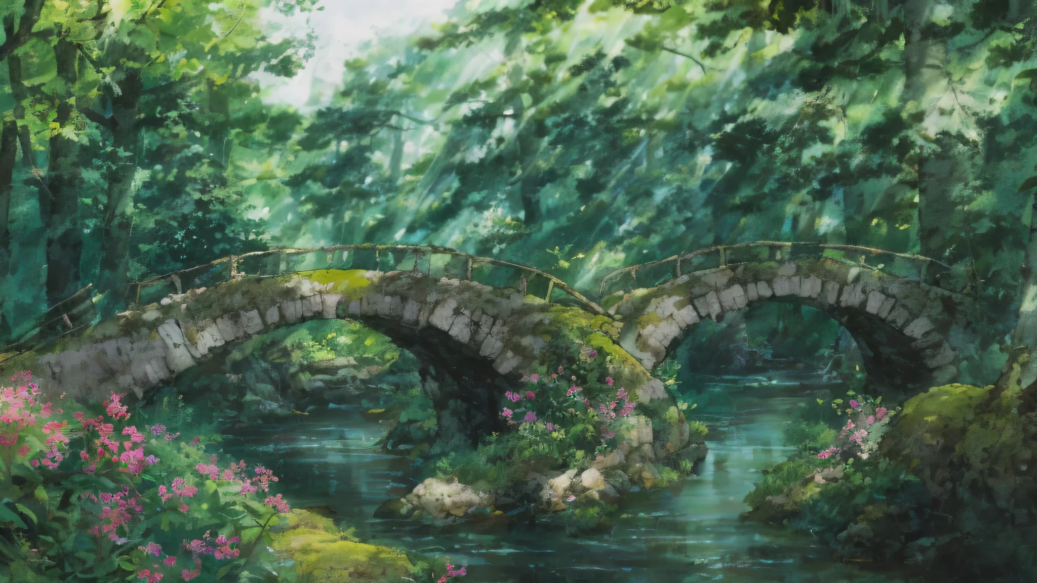 Photo of a river flowing under a bridge in the forest, studio ghibli environment, ghibli studio art, studio ghibli smooth concept art, ghibli art style, studio ghibli landscape, ghibli studio style, studio ghibli scheme, Studio Ghibli composition, studio ghibli painting, ghibli studio anime style, Cinematic Studio Ghibli Still, nature of anime, Studio Ghibli concept art