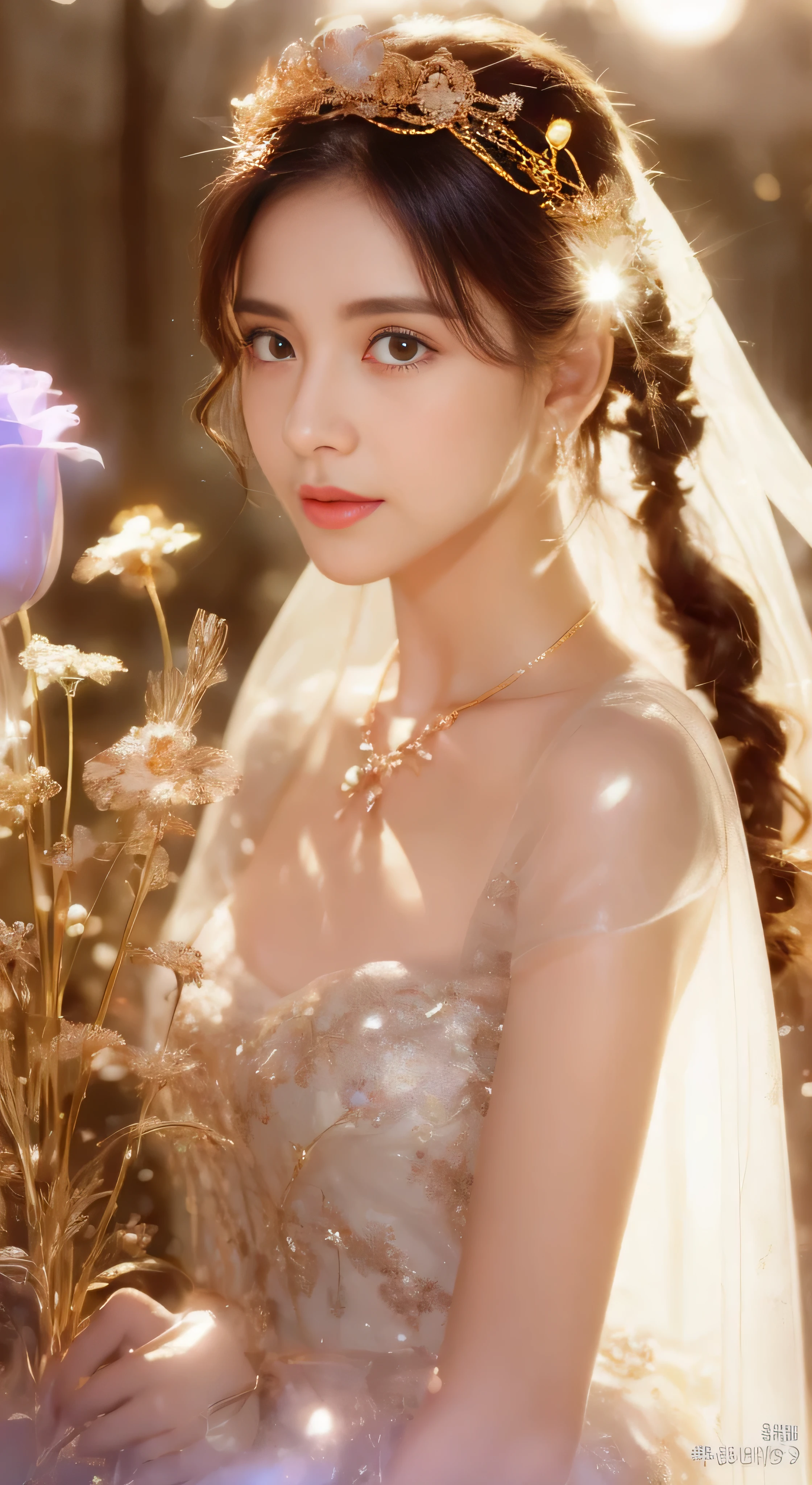 castle in the distance、face is in front、look at the camera、profile、8K、real photos、ultra high resolution, master parts, highest quality, ticker , cinematic images,nice girl、Ann、 only、Annグロサクソン、double eyelid、droopy eyes、very big eyes、eyes are purple、dark eye shadow、lips are very thin、The tip of your nose grows beautifully.......................................................、small nose,,,,, very detailed , silver hair、straight short hair、smile、 sweet expression 、)、very clear shadows , jewelry , fine eyes, extremely difficult, shiny skin , パーフェクトブリリAnnト, perfect sentence, dramatic shadow、white tiara on head、gold necklace around neck、White aristocratic dress with gold embroidery、glass high heels、angel wings