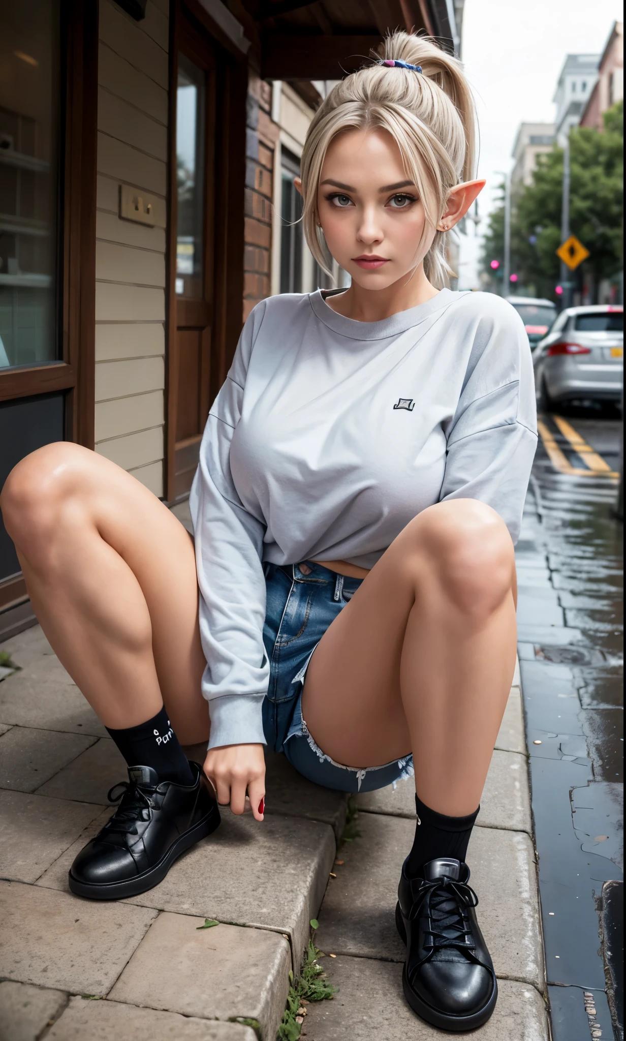 (raining day:1 silver-haired girl, Girl), tmasterpiece, best qualtiy, RAW photogr, realisticlying, the face, Incredibly Ridiculous res, Beautiful elf beauty, ear studs,Get wet all over, (Champagne-colored ultra-short hair,Half-tied ponytail), Sweatshirt,tiese,Half-leg jeans,Short black socks,Short black socks,Low-top canvas shoes,depth of fields, A high resolution, ultra - detailed, filigree, RAWE is very detailed, very detailed eyes and faces, Sharp pupils, realistic pupil, tack sharp focus, cinmatic lighting,full bodyesbian,Bigboobs,long leges,From the front side,Main street on a rainy day,dynamicposes,(Extremely normal body:2.0)