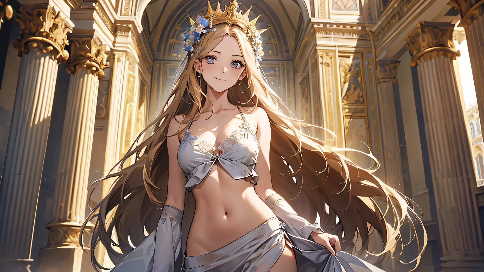 Best quality, high key_resolution, diverse_image, Detailed background,Girl,(Chateau de Versailles, Pisa Baptistery Of St. John background, Flowers,navel,crowd people),random wear,Dutch angle, wide-shot,Shy smile, perfect face, perfect body