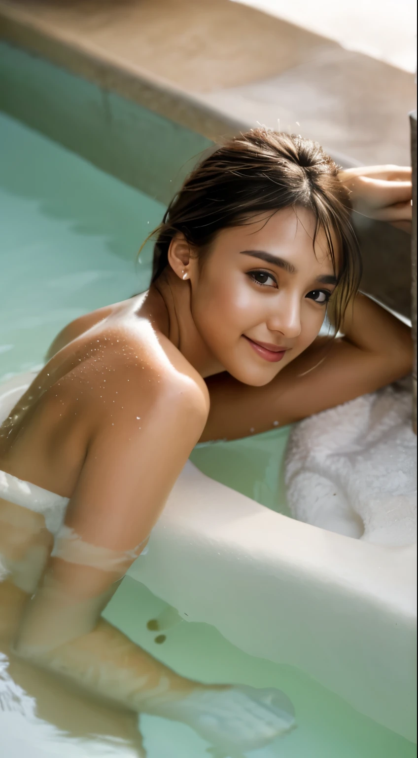 jessica_alba, Ultra-detailed 8K photo, super slender, half smile, Composition from above, Upward glance, Wheat-colored skin, (open-air rock bath), (hot water smoke), (white cloudy water), (naked towel) , stunning beauty, stunning beauty, stunning face and body, nice woman, lighting on figure, (background dark), blur background , (masterpiece), (best quality:1.4), absurdres, [:intricate details:0.2], 1girl, moist skin, (fog:1.2), mist, shiny skin, glossy skin, mist, wet, moisture, full body shot