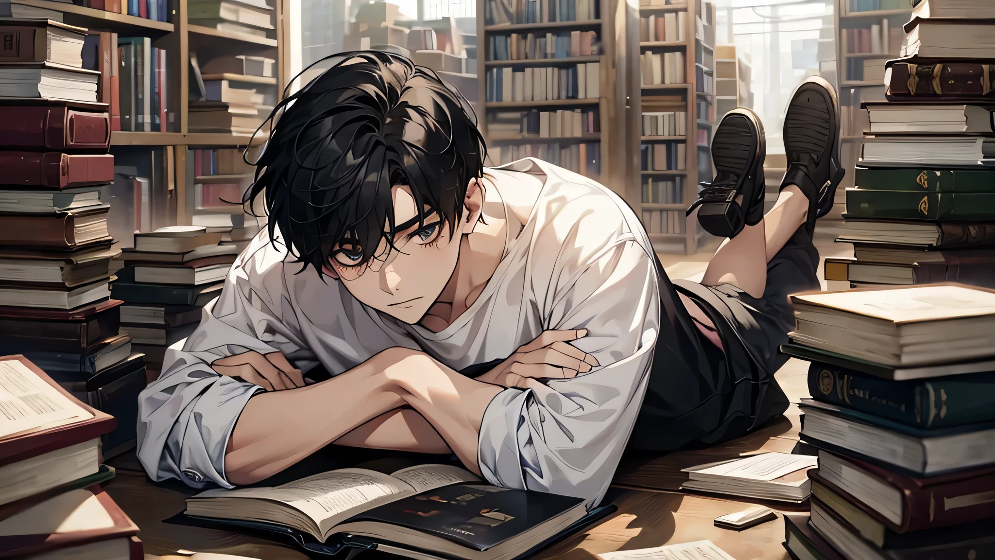 Finding you reading on the ground in a pile of books full of books, 1boy with black hair, wearing casual clothes, perfect face, perfect body