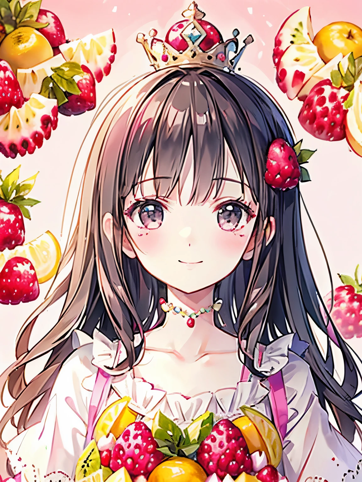 Cute outfit like a princess,((fruit collage:1.25)),((close up of face:1.2)),smile,(Pink background)