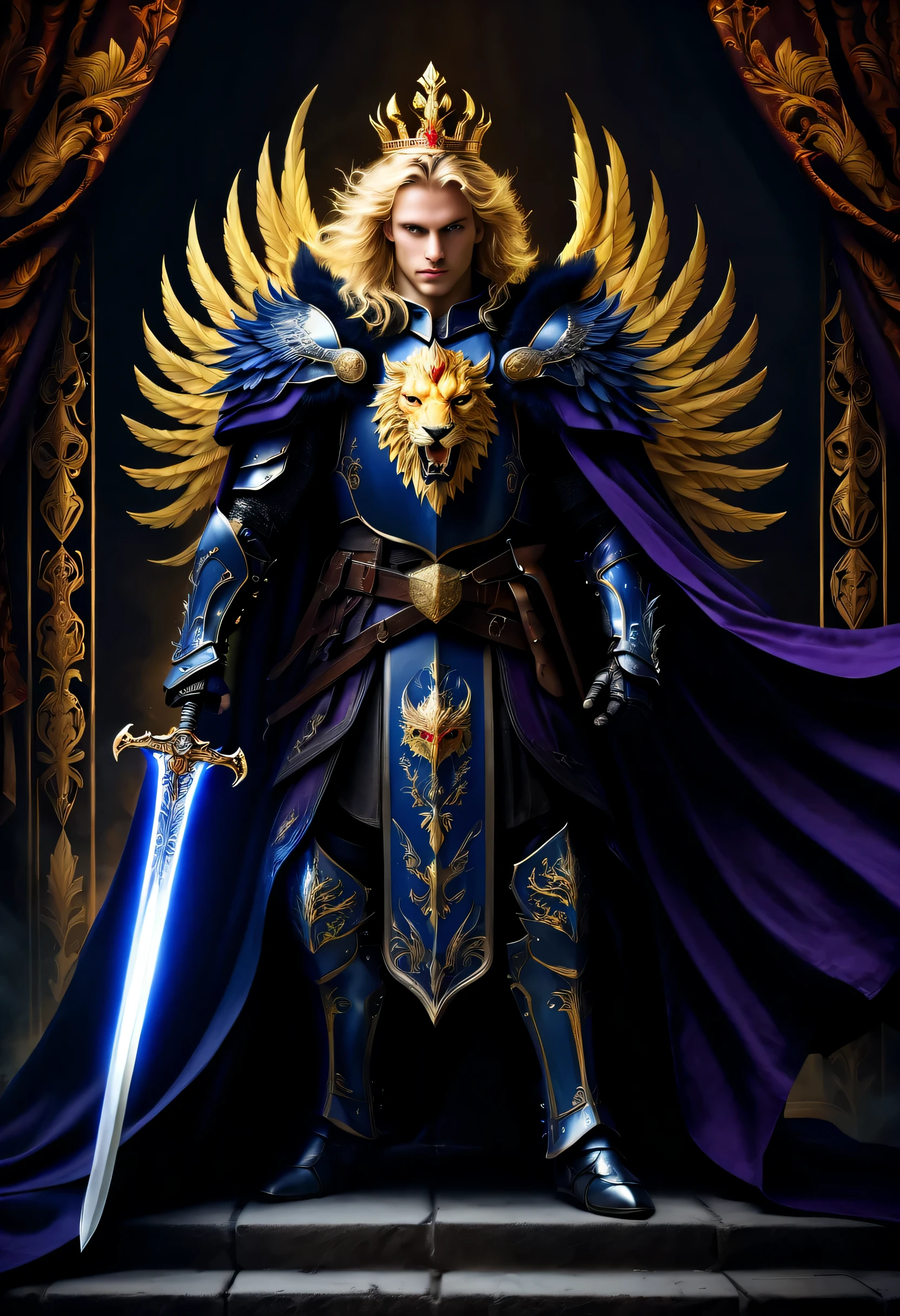 strong young emperor, golden ratio face, fearless and brave, sharp blue eyes, nihilistic smile, blonde hair like a lion, magnificent decorative crown, black armor, A dark purple cloak embroidered with a phoenix-inspired emblem., Hold a sword in a beautifully decorated scabbard, in the style of dark fantasy, intricate details, movie production lighting, Unorganized resolution, Stunning novel illustration of dark fantasy, Official Game Art, In the background there is a curtain with the image of a phoenix.,
