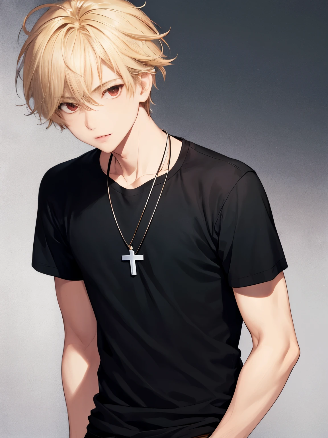 1 boy,Facing sideways,Looking to the side, camera angle from the side,close up photo,handsome,cross necklace,messy hair, short hair, blonde hair, black t-shirt, black trousers,red eyes,vampire