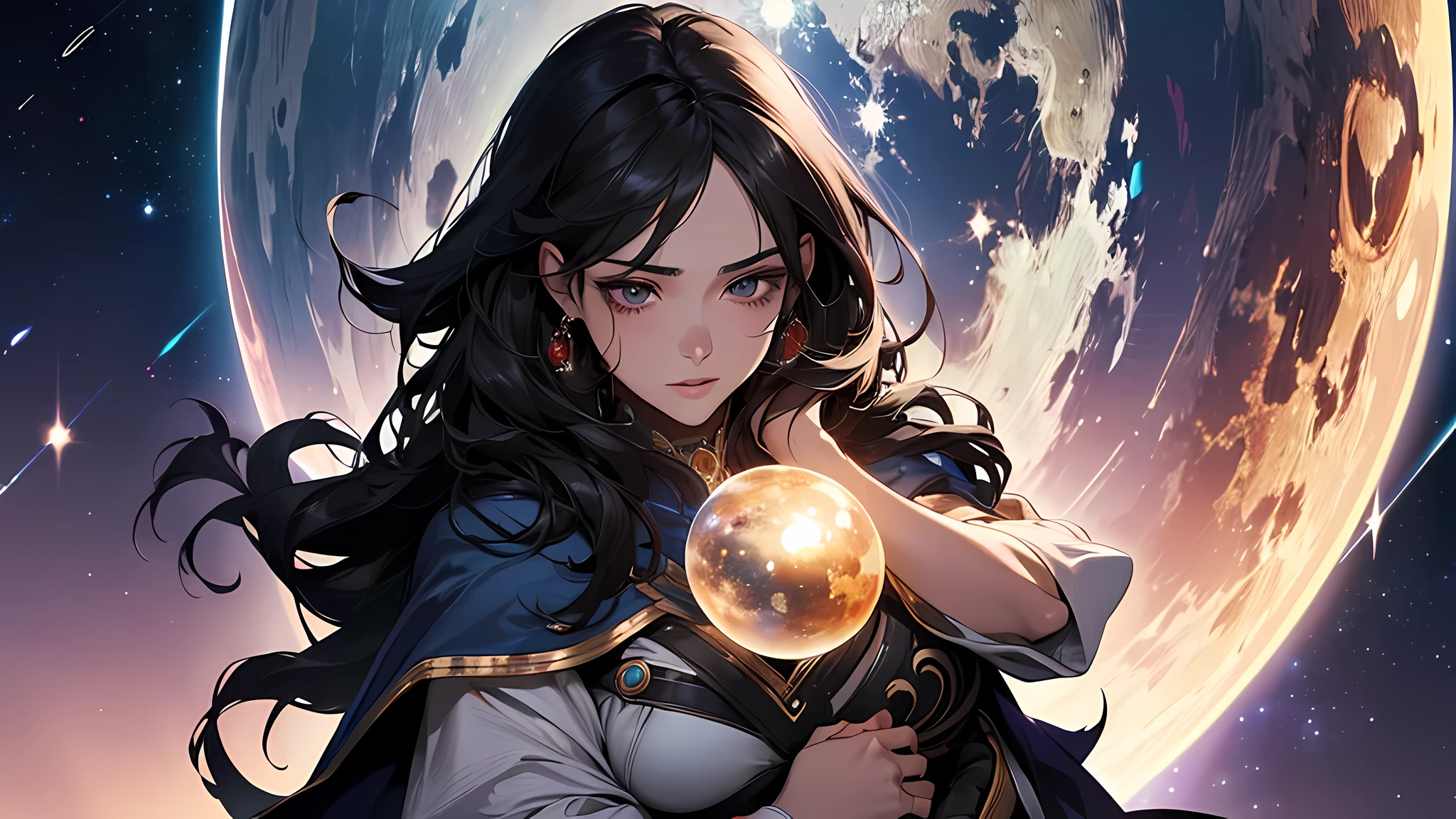 ((Ultra detailed, hyper realistic, high quality)), a beautiful galactic woman, black hair, shrouded in serenity, holding a galaxy in her arms and looking down on it gracefully, perfect face, perfect body

