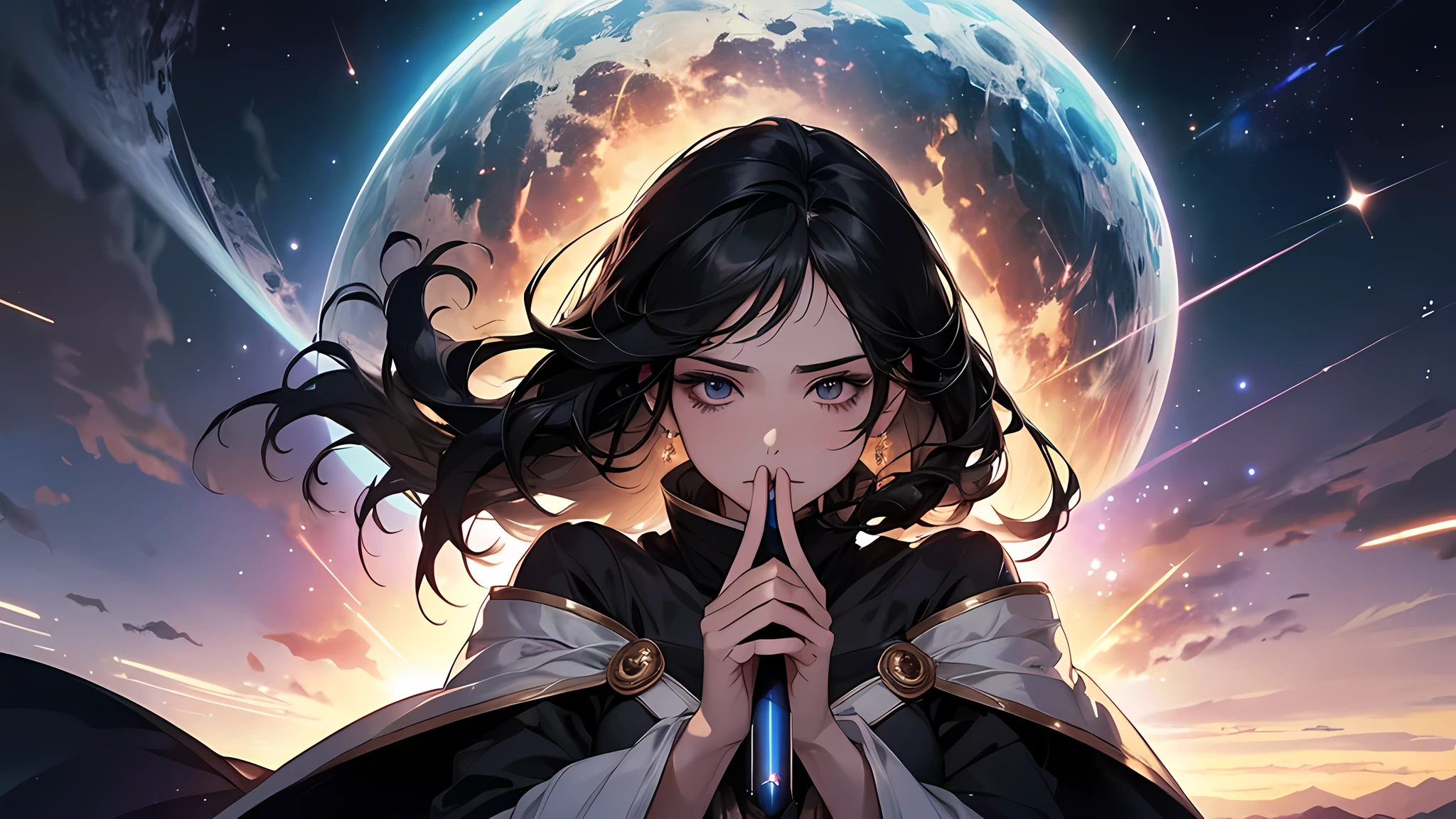 ((Ultra detailed, hyper realistic, high quality)), a beautiful galactic woman, black hair, shrouded in serenity, holding a galaxy in her arms and looking down on it gracefully, perfect face, perfect body
