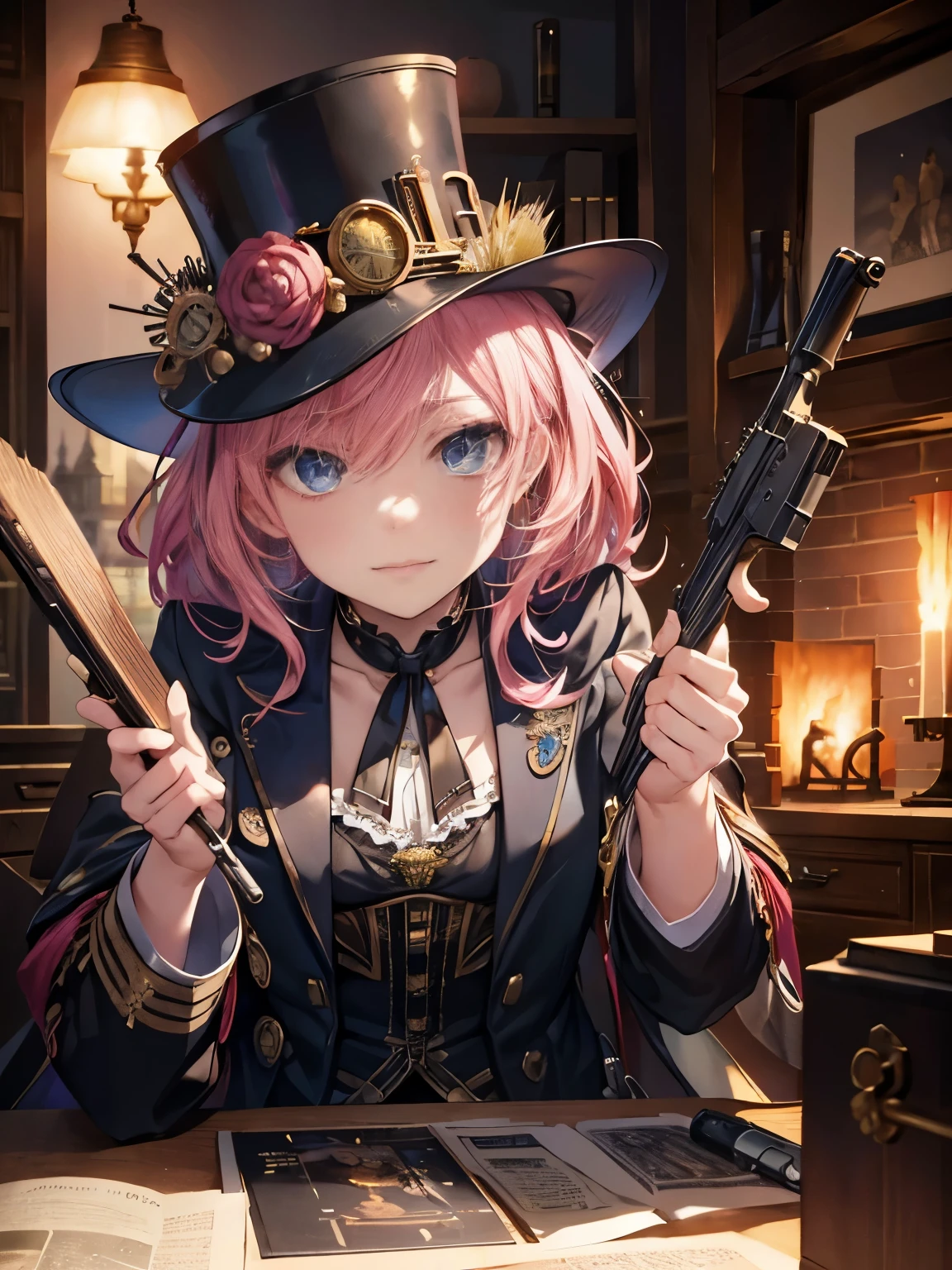 ((masterpiece, of highest quality)), detailed face, beautiful face, beautiful eyes, full bodyビアン, full of details, Work in the workshop, using a rifle, rifle referente a steampunk, very detailed, depth, many parts,beautiful girl with pink hair,with messy hair,long pink hair,disease,white student,legs are very thin,long legs, blue tab, steampunk, ファッションsteampunk, full body, Abrigo de Camarero, High neck blouse, top hat with mechanical gear, brass accents, Small Leather Goods ,expensive and expensive,delgado, 8K, surreal, official art, Glamour, bit, ambroso, oil on canvas, brush stroke, kind, Ultra high definition, 8K, unreal engine 5, super sharp focus,, types of bacteria, Reusch, nffsw, 緻密な芸術のmasterpiece, Unlucky, matte paint movie poster, golden ratio, Trends in CG society, complicated, Spectacular, Art station trends, very detailed, lively, production cinematic character rendering, Super high quality model