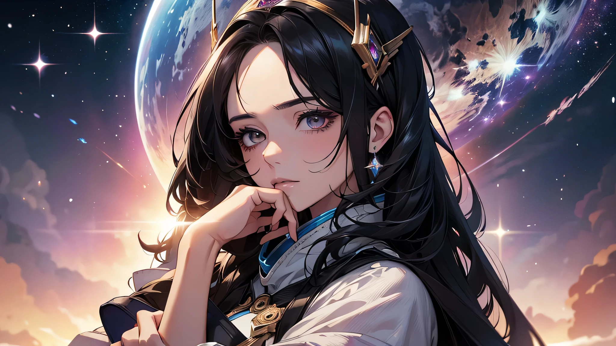 ((Ultra detailed, hyper realistic, high quality)), a beautiful galactic woman, black hair, shrouded in serenity, holding a galaxy in her arms and looking down on it gracefully, perfect face, perfect body