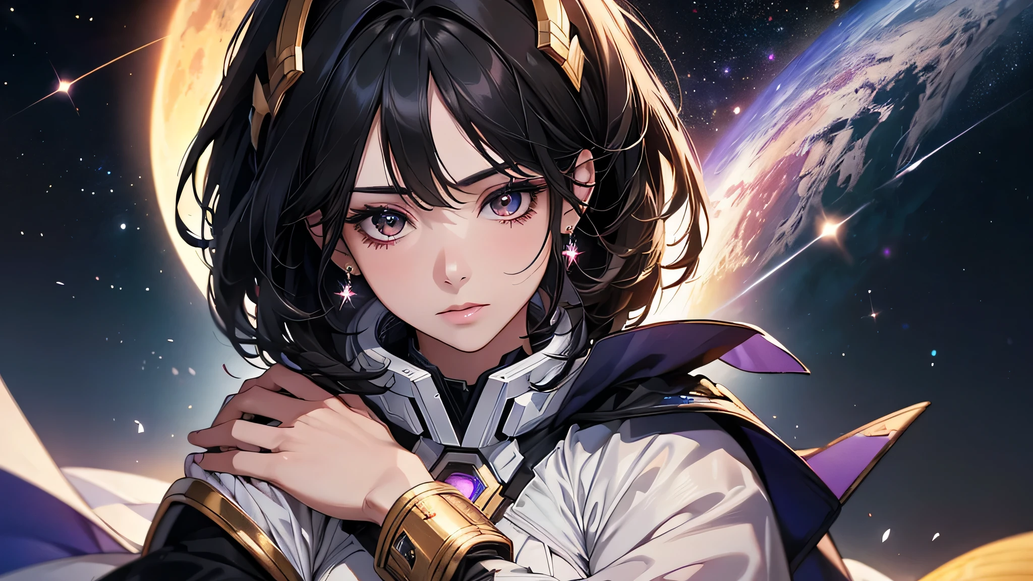 ((Ultra detailed, hyper realistic, high quality)), a beautiful galactic woman, black hair, shrouded in serenity, holding a galaxy in her arms and looking down on it gracefully, perfect face, perfect body