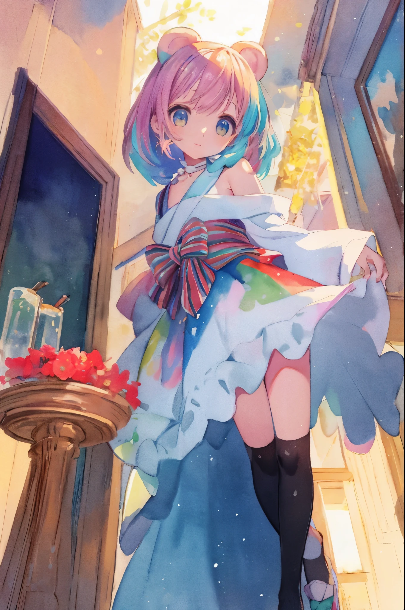 (highest quality)、(masterpiece:1.2)、(colorful:0.9)、((Ink splatters))、(Color scattering)、(watercolor painting)、sharp focus、model shot, High resolution, (anime style:1.1), ((table top)), ((highest quality)), (Super detailed), (beautiful), alone, beautiful face、(lift),、Cute in bear costume standing over detailed mediterranean cityscape、ピンクのcolorful髪, colorful目,looking at the viewer,Lens flare,dramatic, along the coast、(raised skirt)、from the back、Full body Esbian、(Low position,from below:1.3)、pastel colour