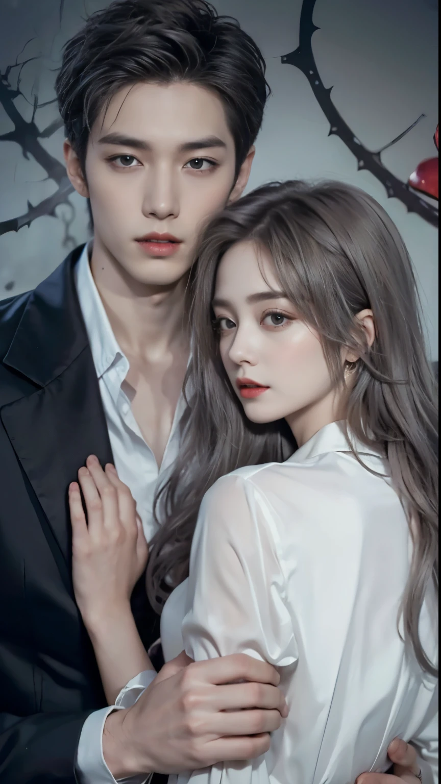 couple, male with silver hair, female with black hair, masterpiece, best quality:1.4, vampire vibes, 1girl, 1boy, supernatural background, party costumes