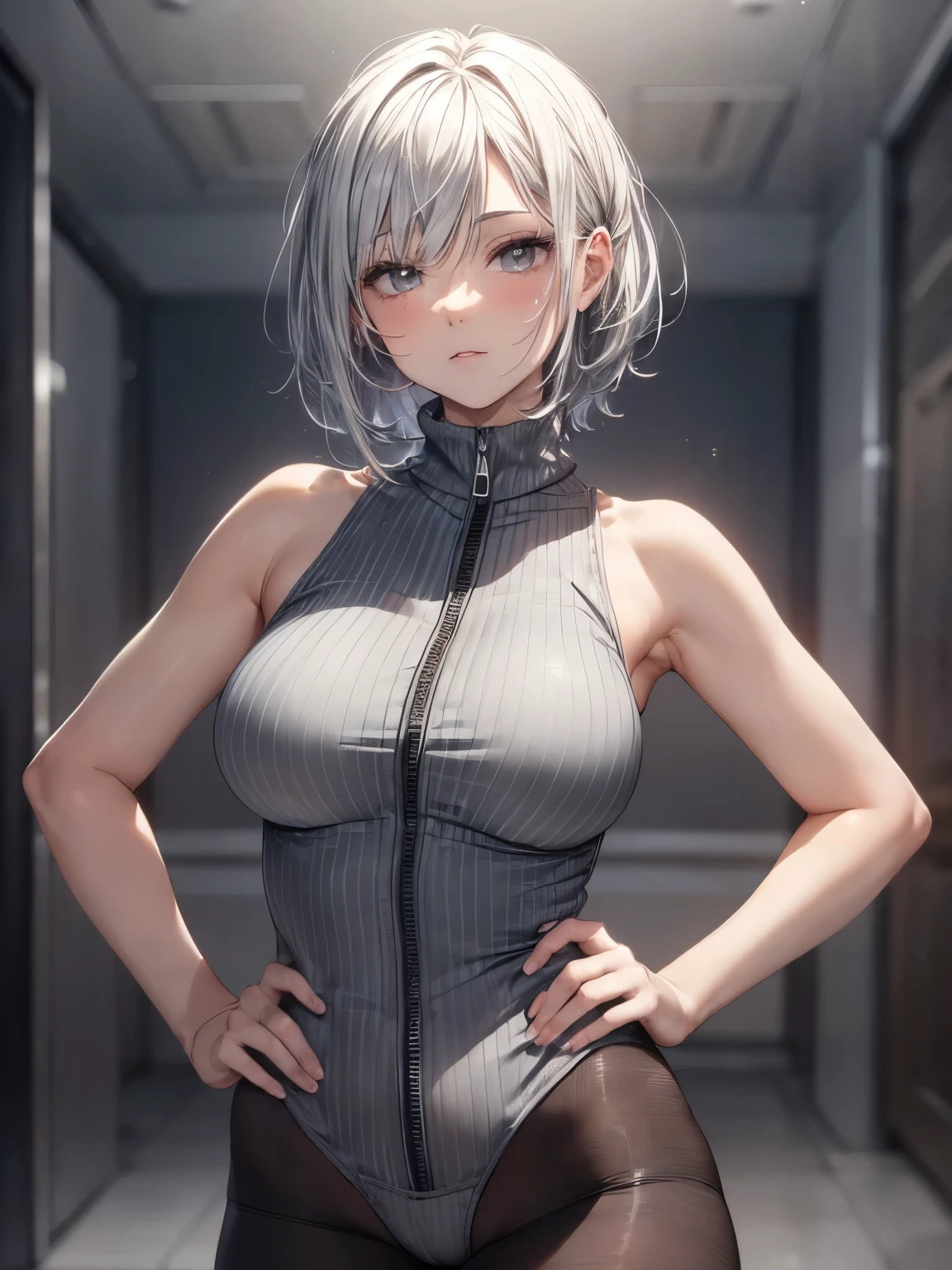 highest quality、complete limbs、full finger、one beautiful woman、((Woman with silver hair:1.4))、very short hair、big breasted woman:1.6、((Woman wearing light gray high neck sleeveless leotard with zipper:1.3))、woman wearing brown pantyhose、hands on hips