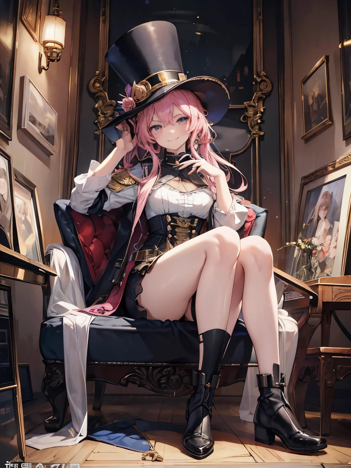 ((masterpiece, of highest quality)), detailed face, beautiful face, beautiful eyes， full bodyビアン, full of details, Work in the workshop, using a rifle, rifle referente a steampunk, very detailed, depth, many parts，beautiful girl with pink hair，with messy hair，long pink hair，disease，white student，legs are very thin，long legs, blue tab, steampunk, ファッションsteampunk, full body, Abrigo de Camarero, High neck blouse, top hat with mechanical gear, brass accents, Small Leather Goods ,expensive and expensive，delgado, 8K, surreal, official art, Glamour, bit, ambroso, oil on canvas, brush stroke, kind, Ultra high definition, 8K, unreal engine 5, super sharp focus,, types of bacteria, Reusch, nffsw, 緻密な芸術のmasterpiece, Unlucky, matte paint movie poster, golden ratio, Trends in CG society, complicated, Spectacular, Art station trends, very detailed, lively, production cinematic character rendering, Super high quality model,(((((naughty smile)))))