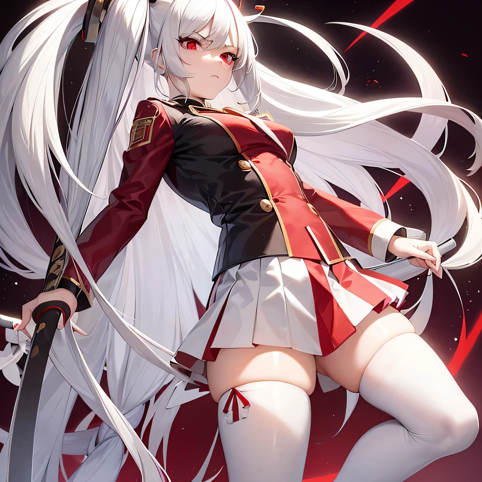 long white hair,Red high school student uniform top,red pupils,Black striped white stockings,Hold a katana to your chest,Domineering attitude,A look of disdain,whole body,Blue and white skirt,female high school student,human nature,hand on handle
