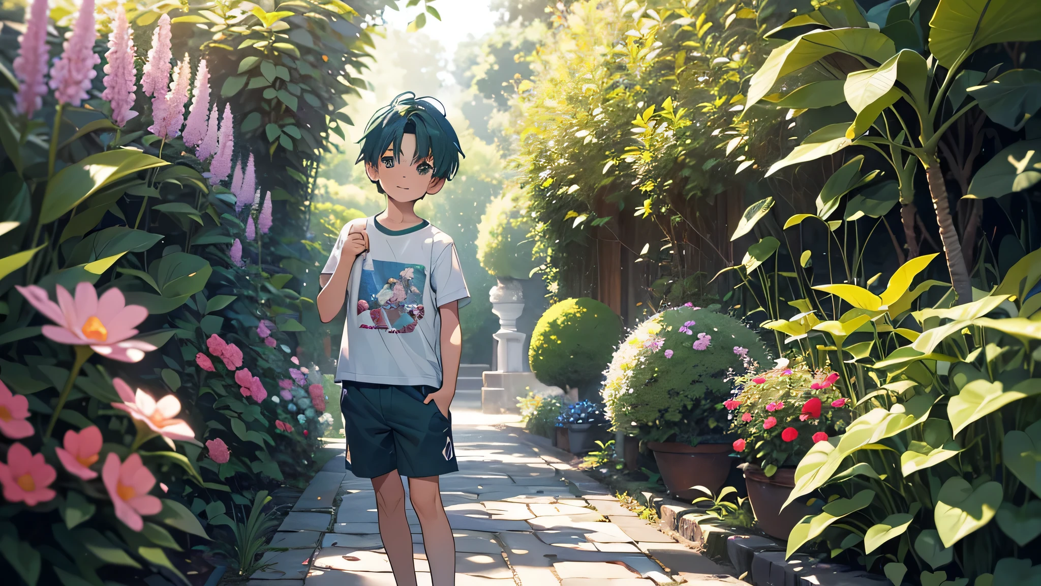 A -3 year old boy standing in a garden, cabelos castanho claro, olhos verdes, camiseta branca, blue shorts, Feliz, Feliz, qualidade perfeita, Foco claro (detalhes intrincados) (8k) (Detalhe Olho) (sharp focus), (Feliz) correndo dentro do jardim

