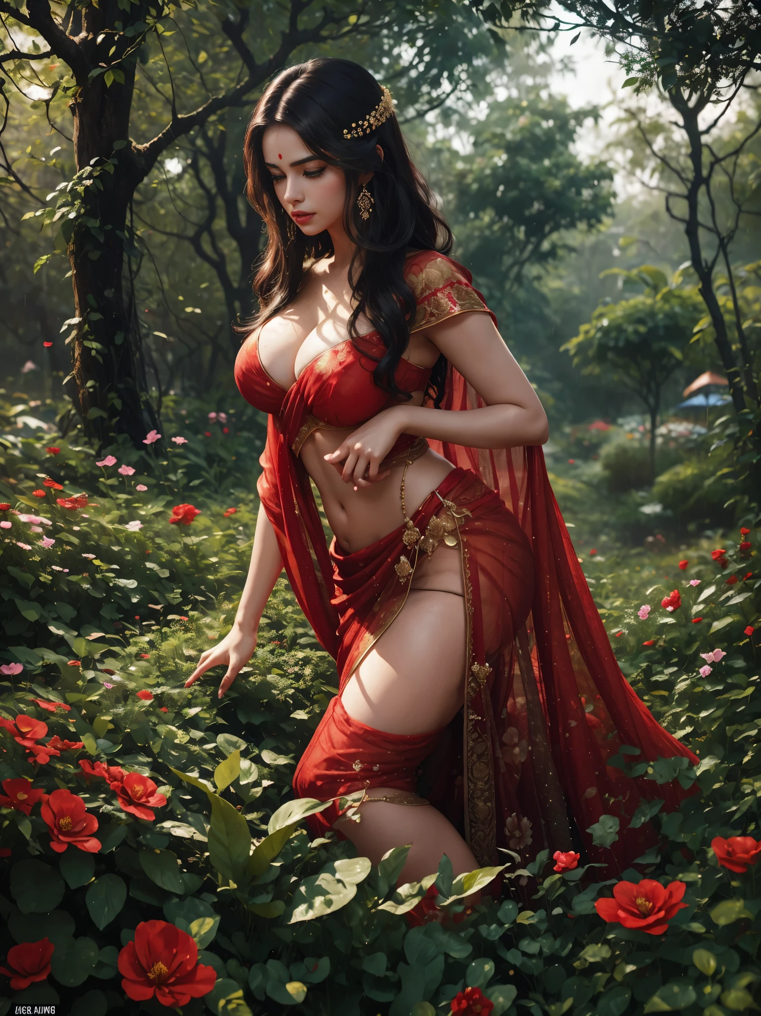 In a picturesque garden full of flowers, amidst a stunning woman((( Anne Hathaway:Selena Gomez:0.6))) , 184 cm tall in a vibrant red and black saree strikes a seductive pose, enchanting all who lay eyes upon her. (((Big round :1.4))) Delicate petals glisten with raindrops, while trees sway with the rhythm of the wind, creating a mesmerizing bokeh backdrop. As the droplets cascade down her curves, the atmosphere becomes charged with sensual energy. Explore the allure and raw sensuality of this captivating woman, as she embraces the magic of the monsoon, don't create out of frame illustration