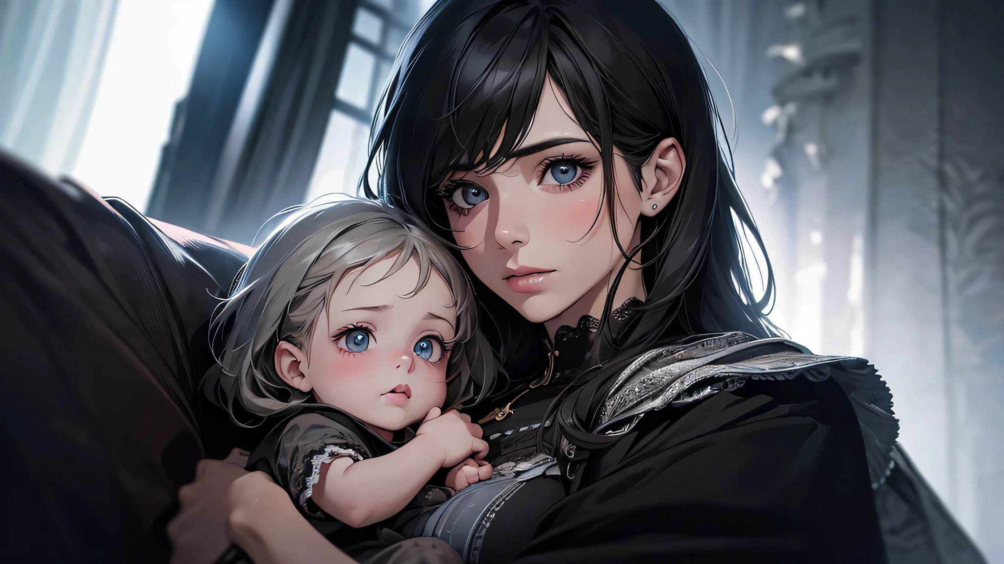 ((ultra realistic, top quality, super definition, high definition)), woman, mother, with 2  on her lap, in the dark room, detailed face, detailed eyes, detailed nose
