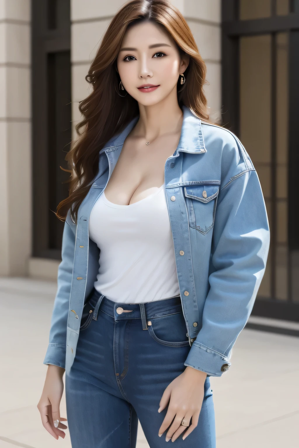 (highest quality,8K,masterpiece),beautiful mature woman,20-year-old,
lip gloss,
big chest denim jacket,tight jeans,white shirt,