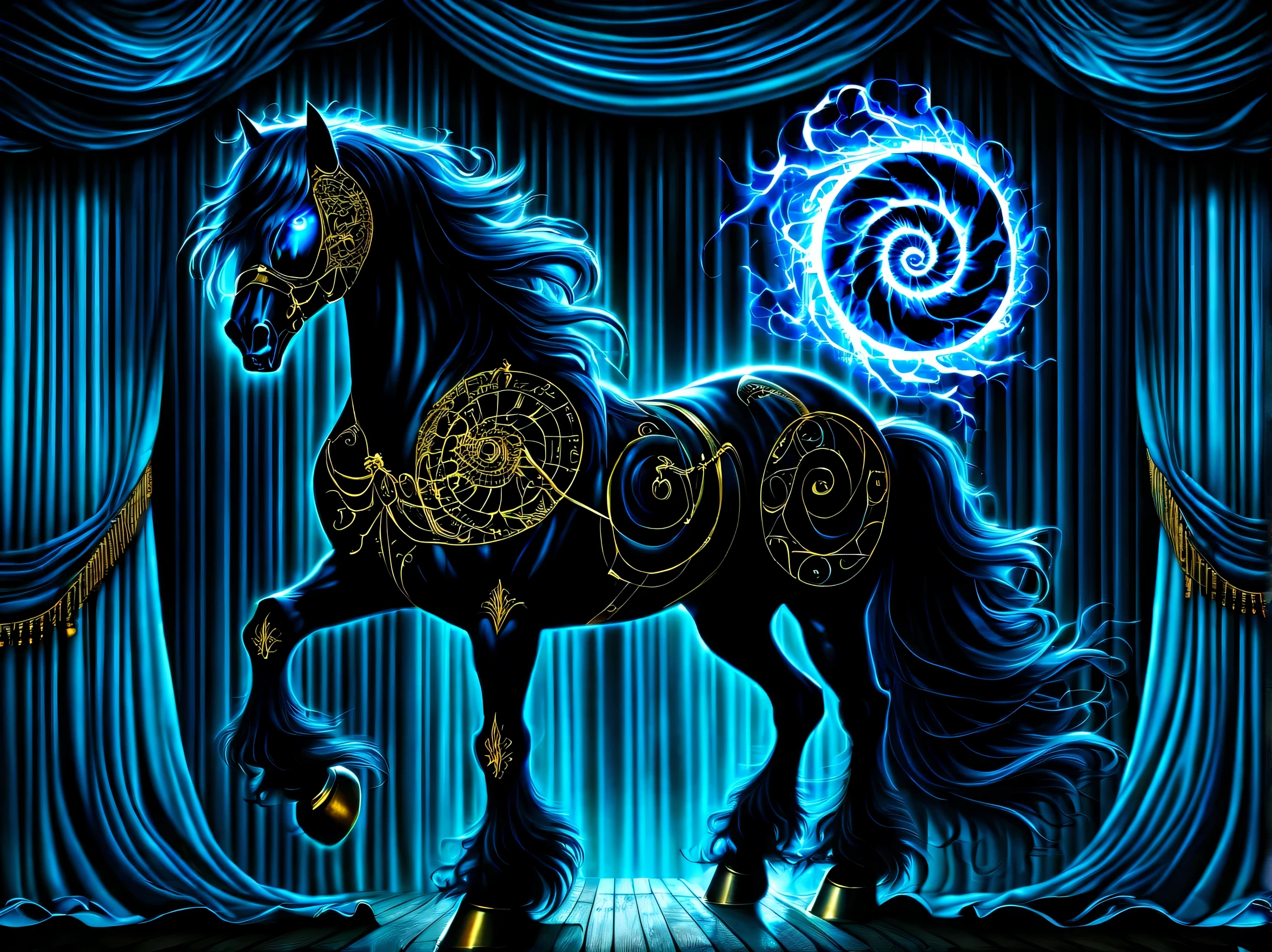A strong nightmare image appears, Golden ratio black smoke horse, fearless and brave, express ferocity and brutality, Sharp azure eyes with a dull glow, nihilistic smile, intricate details, movie production lighting, Unorganized resolution, Stunning novel illustration of dark fantasy, Official Game Art, In the background is a curtain with the image of a nightmarish rose.,