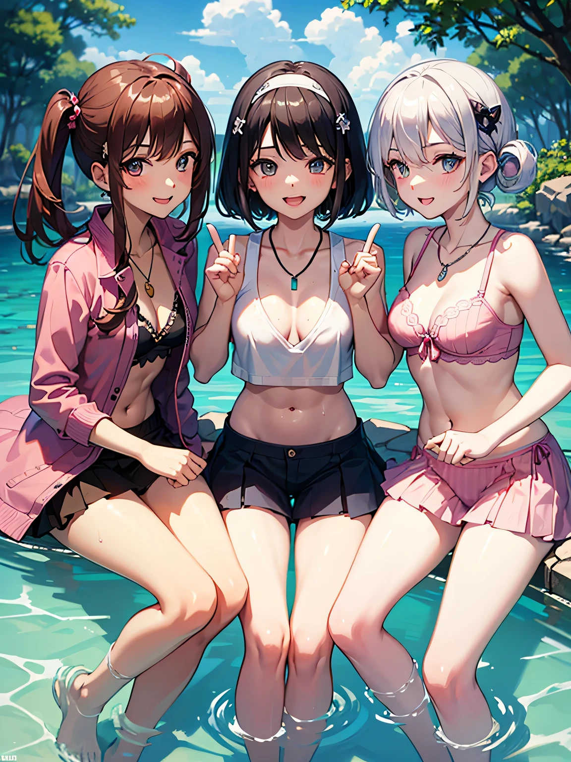 ((highest quality)), ((masterpiece)), (pretty girl), (3 girls:1.3), cute three girls are posing for a camera outdoors in the water, shirtをつかむ, stand side by side, (Close-up shot from the knee:1.3), perfect face, smile, (open your mouth and smile:1.3), embarrassed look, (precise fingers:1.3), hair band, head band, hair bobble, blouse, shirt, I can see your underwear, (pastel colored underwear), high resolution eyes, accurate eye, (high resolution eyes:1.8), (High definition finger 1.8), light smile, small chest, chest, realistic, 4years old, , 6 years oldld, knee sockirt, Asian, blue eyes, silver hair, brown hair, blonde, belly button, jewelry, looking at the viewer, necklace, water, , Wet, long hair, short hair, abs,