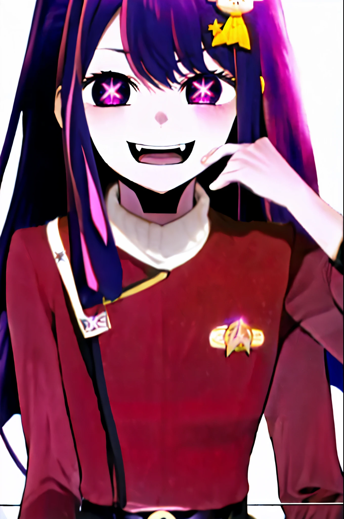 Hoshino Ai, long hair, purple hair, streaked hair ,purple eyes, star-shaped pupils, hair ornament, red twokunf uniform crazy smile
scared 