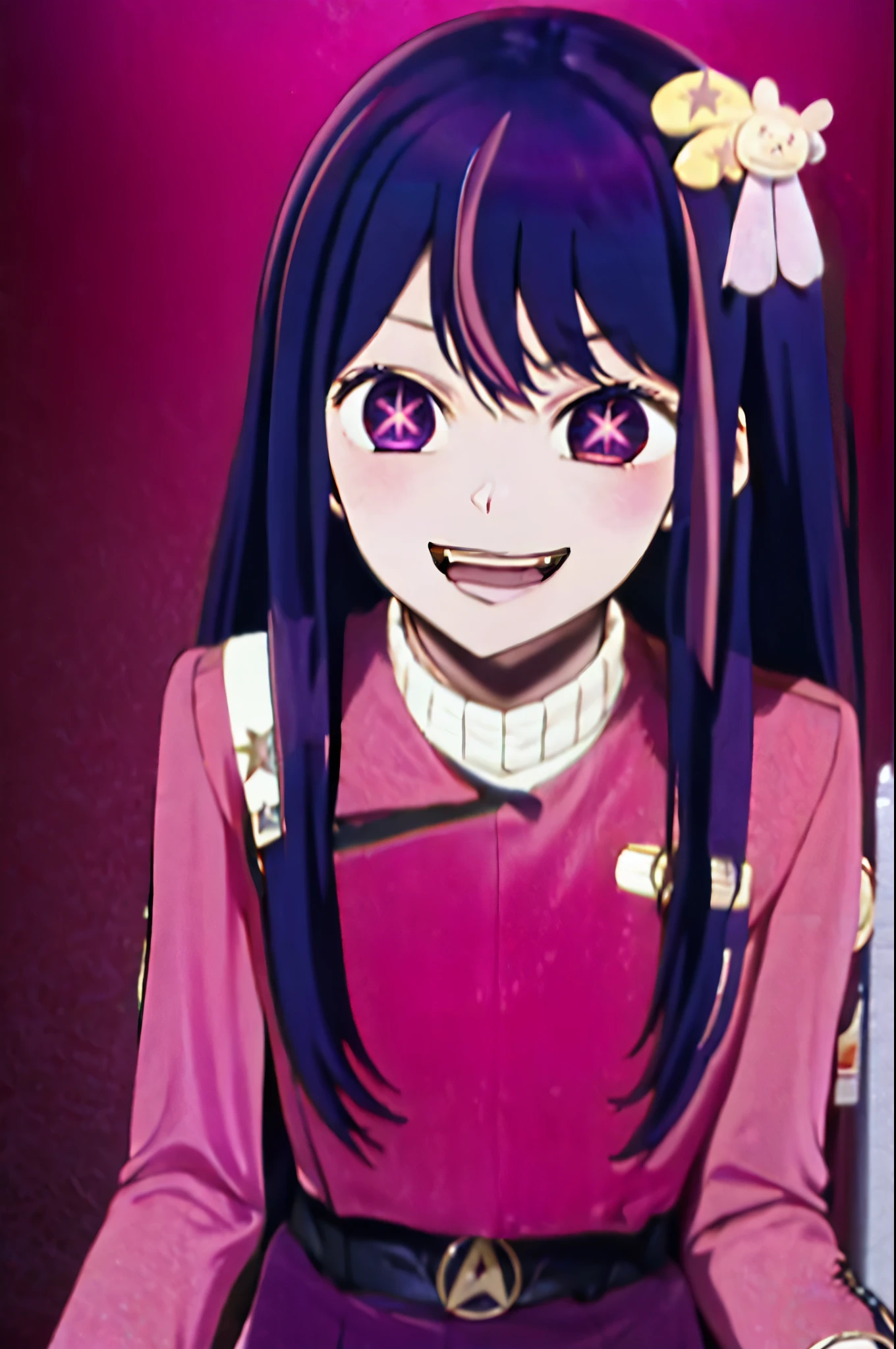 Hoshino Ai, long hair, purple hair, streaked hair ,purple eyes, star-shaped pupils, hair ornament, red twokunf uniform crazy smile
scared 