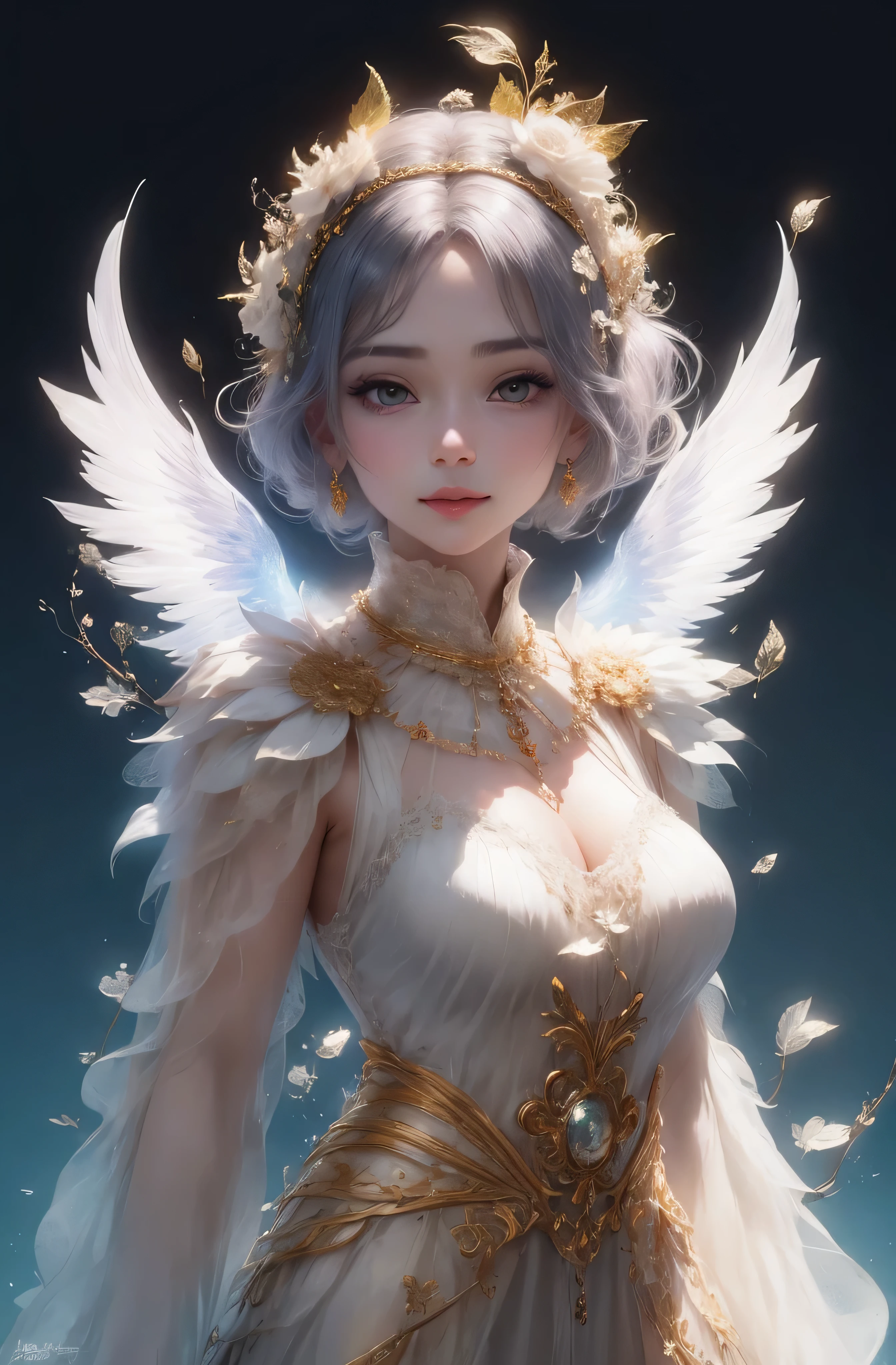 castle in the distance、face is in front、look at the camera、profile、8K、real photos、ultra high resolution, master parts, highest quality, ticker , cinematic images,nice girl、Ann、16 only、Annグロサクソン、double eyelid、droopy eyes、very big eyes、eyes are purple、dark eye shadow、lips are very thin、The tip of your nose grows beautifully.......................................................、small nose,,,,, very detailed , silver hair、straight short hair、smile、 sweet expression 、)、very clear shadows , jewelry , fine eyes, extremely difficult, shiny skin , パーフェクトブリリAnnト, perfect sentence, dramatic shadow、white tiara on head、Gold necklace around the neck、White aristocratic dress with gold embroidery、glass high heels、angel wings
