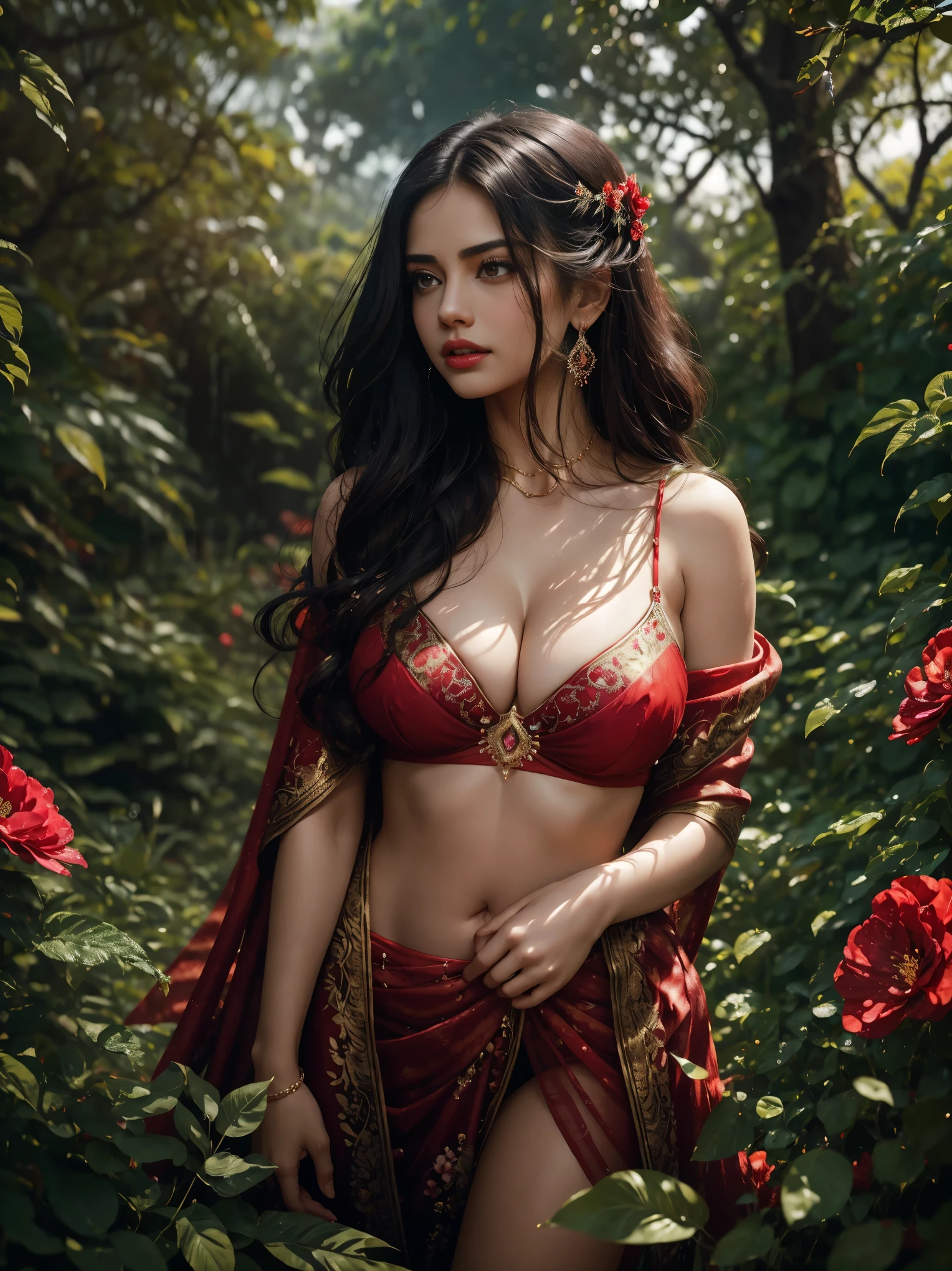 In a picturesque garden full of flowers, amidst a stunning woman((( Anne Hathaway:Selena Gomez:0.6))) , 184 cm tall, huge breasts:1.6, deep clieveage((big )) in a vibrant red and black saree strikes a seductive pose, enchanting all who lay eyes upon her. Delicate petals glisten with raindrops, while trees sway with the rhythm of the wind, creating a mesmerizing bokeh backdrop. As the droplets cascade down her curves, the atmosphere becomes charged with sensual energy. Explore the allure and raw sensuality of this captivating woman, as she embraces the magic of the monsoon, don't create out of frame illustration