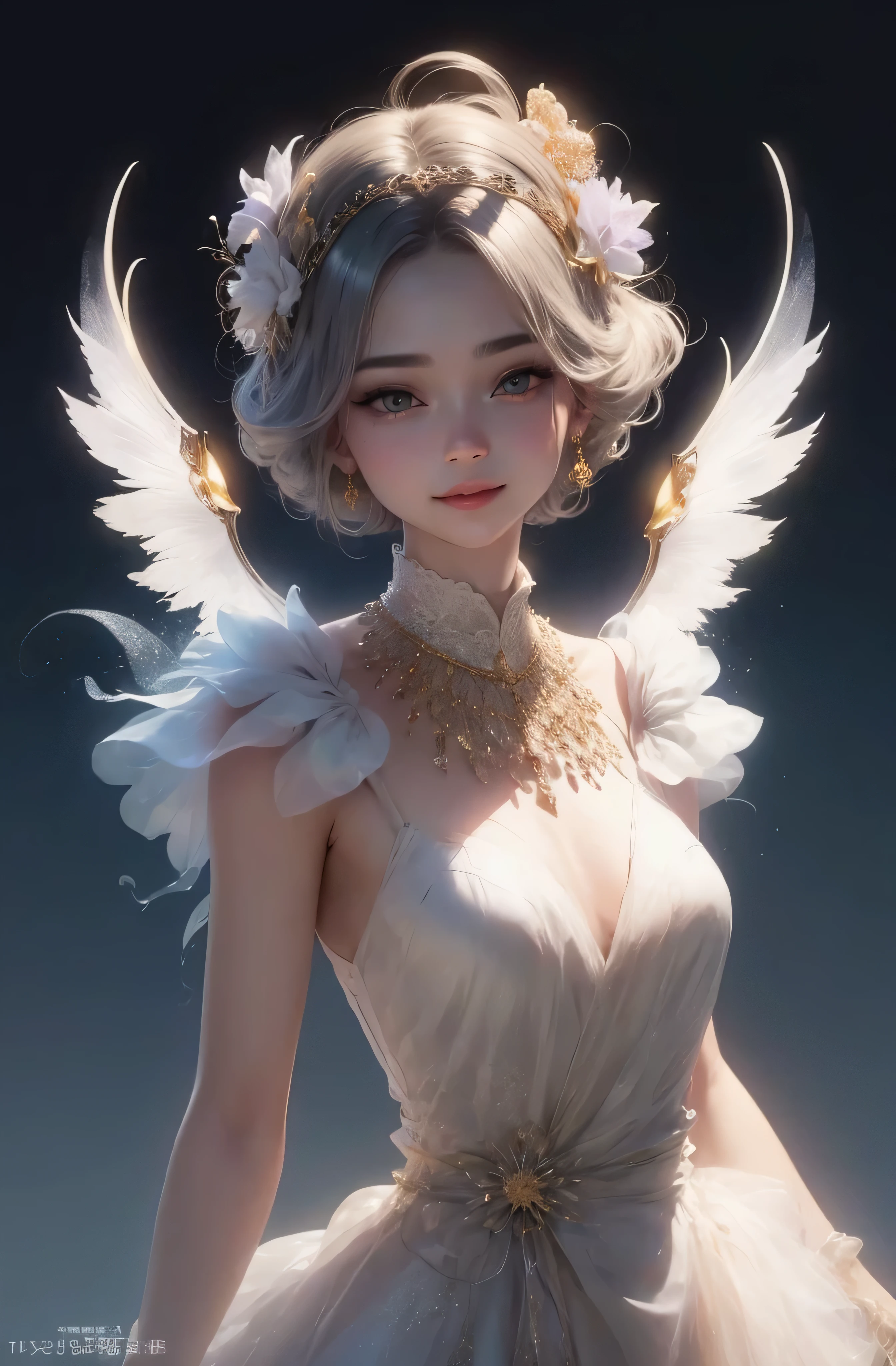 castle in the distance、face is in front、look at the camera、profile、8K、real photos、ultra high resolution, master parts, highest quality, ticker , cinematic images,nice girl、Ann、16 only、Annグロサクソン、double eyelid、droopy eyes、very big eyes、eyes are purple、dark eye shadow、lips are very thin、The tip of your nose grows beautifully.......................................................、small nose,,,,, very detailed , silver hair、straight short hair、smile、 sweet expression 、)、very clear shadows , jewelry , fine eyes, extremely difficult, shiny skin , パーフェクトブリリAnnト, perfect sentence, dramatic shadow、white tiara on head、Gold necklace around the neck、White aristocratic dress with gold embroidery、glass high heels、angel wings