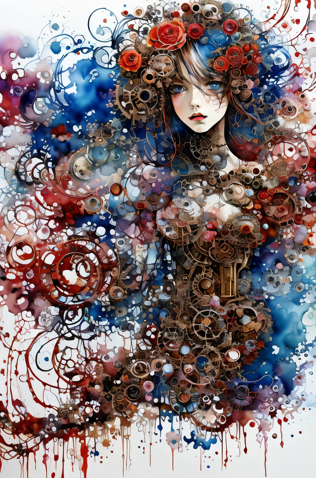 abstract steampunk girl monster,beautiful eyes、 fantastic flower garden, red and blue, watercolor crazy painting on white canvas, become familiar with, Fine touch, A true masterpiece watercolor painting, splash of water、masterpiece、highest quality、fear、anger、expressing fear、detailed description、