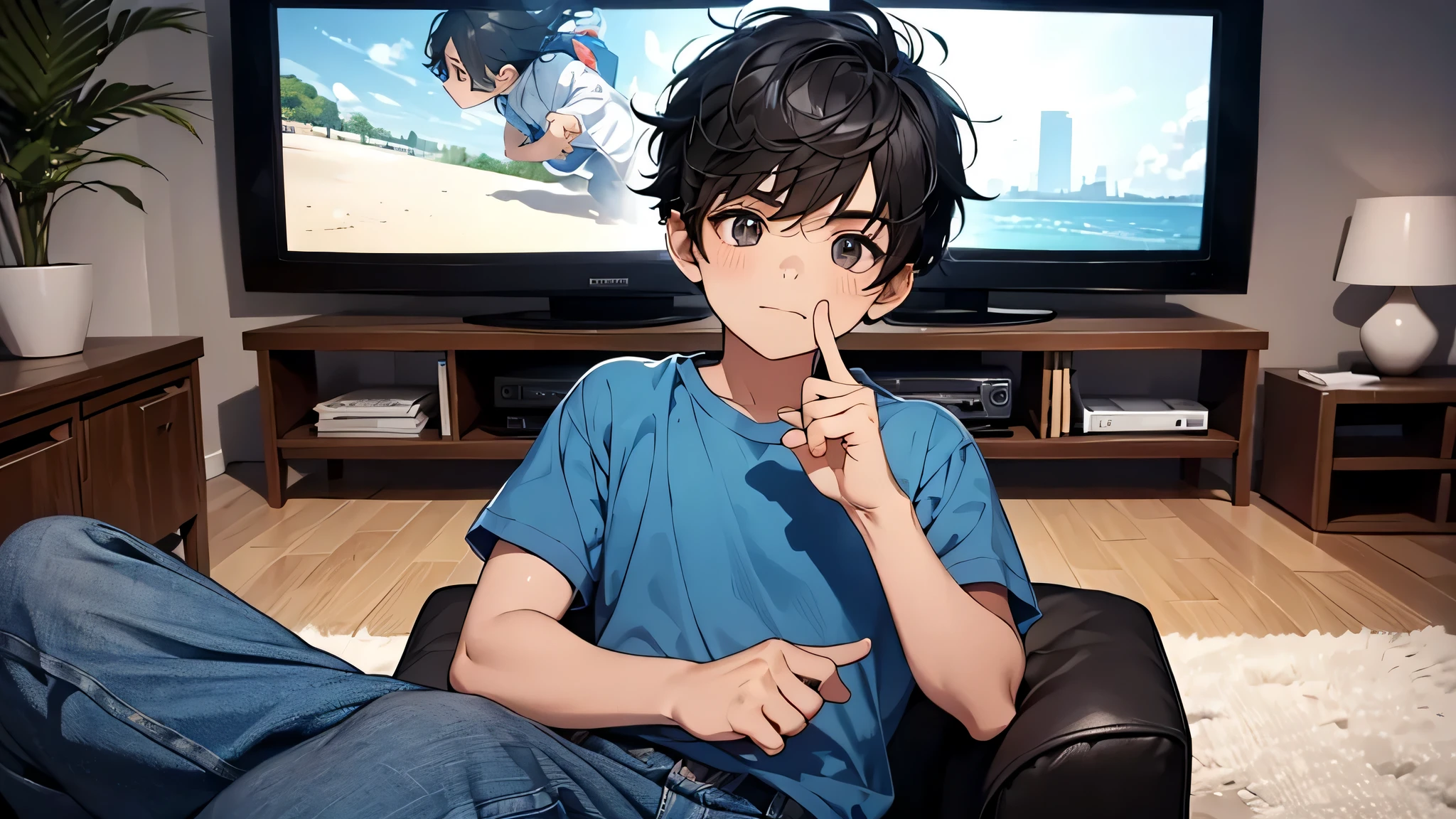 Cute little boy in a short-sleeved blue shirt finger book explained, perfect face, black hair, perfect body, in a living room, there is a big TV screen
