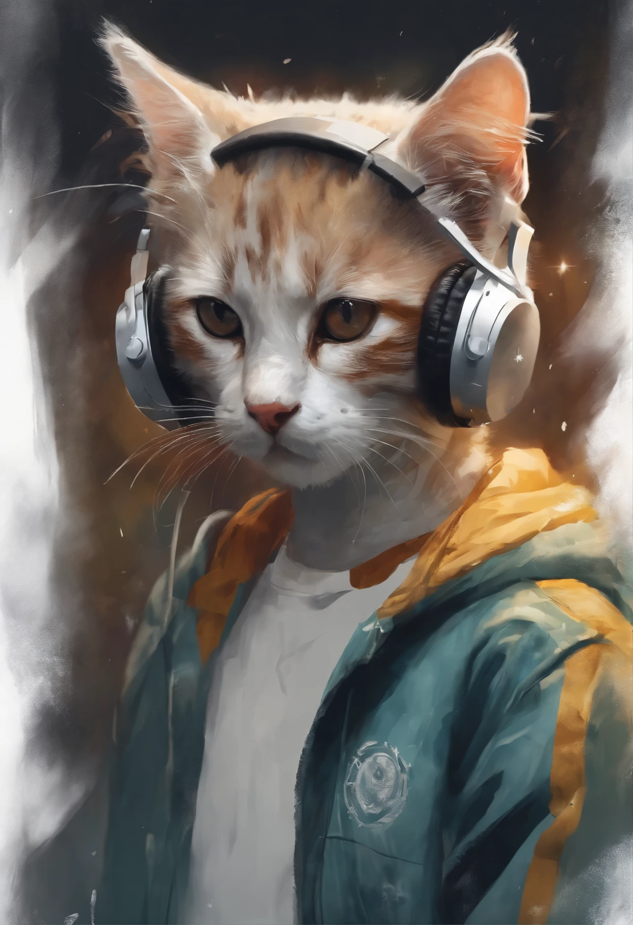 Perfect centering, cute anthropomorphic kitten, wear student team jackets, wear headphones, cheerfulness, Standing position, abstract beauty, Centered, look at the camera, towards the camera, approaching perfection, dynamic, very detailed, Smooth, sharp focus, 8K, high resolution resolution, figure, art:Carne Griffiths and Wadim Kashin, white background