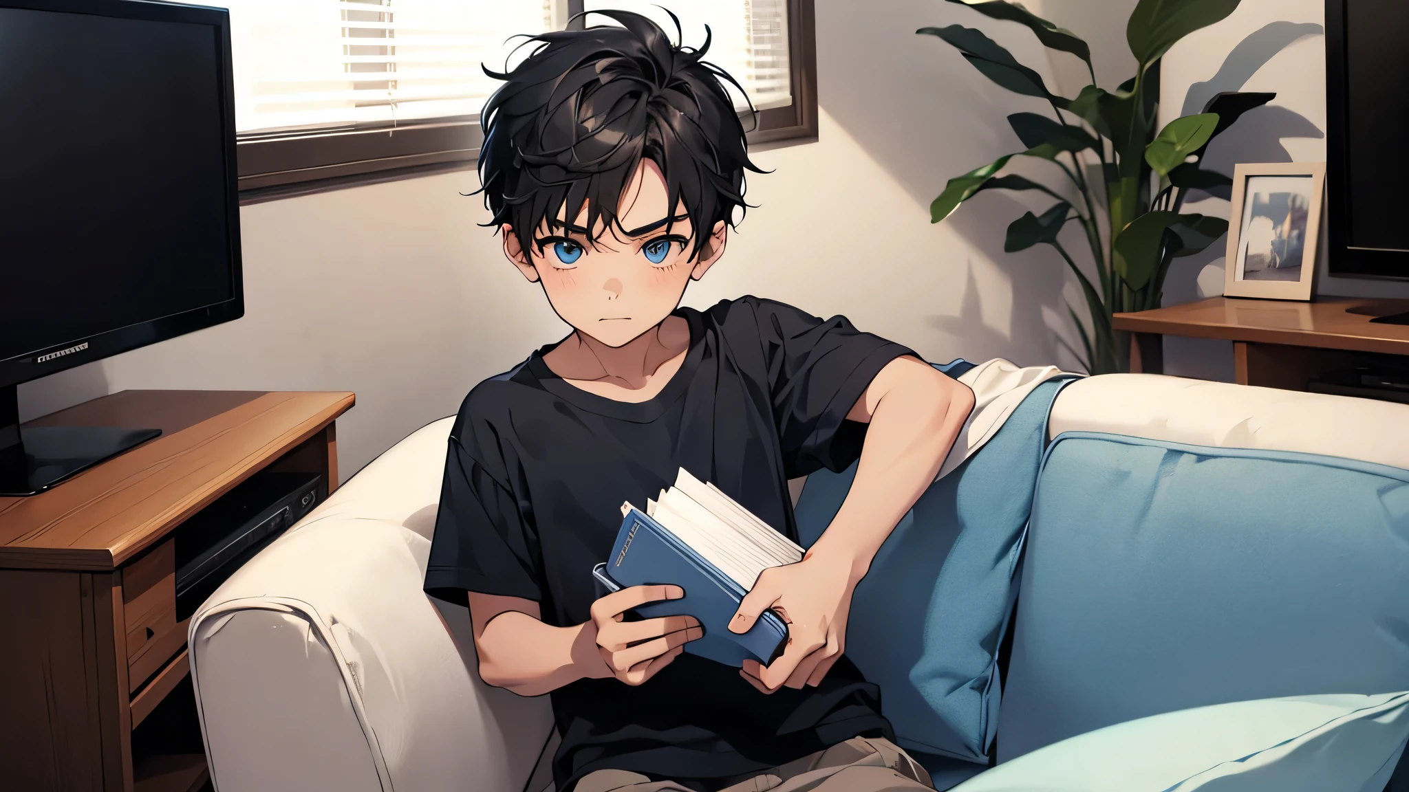 Cute little boy in a short-sleeved blue shirt finger book explained, perfect face, black hair, perfect body, in a living room, there is a big TV screen