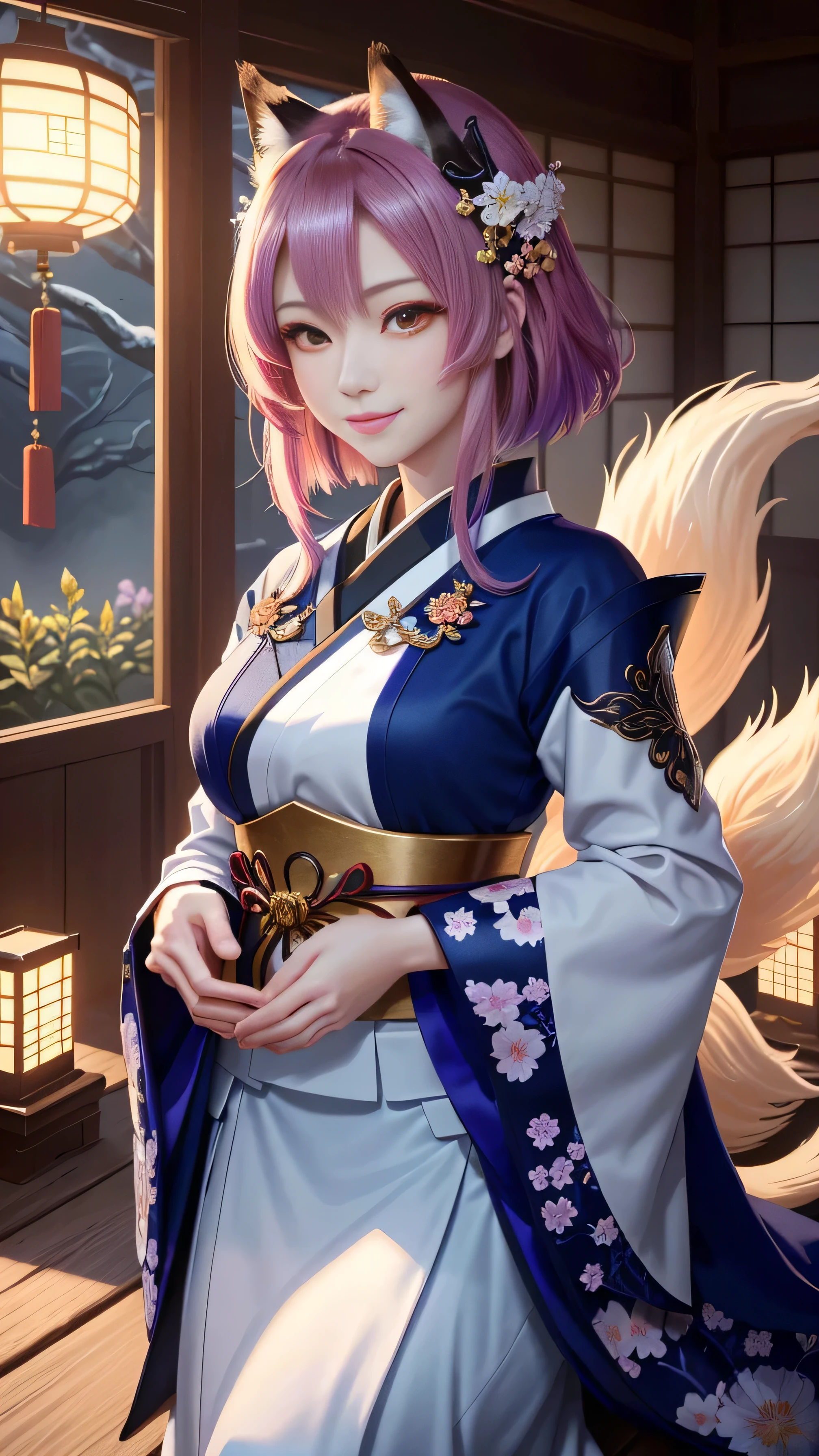 masterpiece , highest quality,close up of face,smile,colorful hair,Sharp contrast,whole body,Only one person,precision quality,beautiful short hair, masterpiece, japanese architectureの背景,beautiful details, colorful, delicate details, delicate lips, intricate details, genuine, ultrargenuineista, 枝に座っている色とりどりの髪のFoxを持つ女の子:mature, bright eyes, ,色とりどりのFox, Raposa the Nine Tails, 三尾Fox, 三尾Fox, Onmyoji detailed art, beautiful fine art illustration, mythical creatures, Fox, beautiful digital art,shrine maiden,japanese architecture,Holding hands,exquisite digital illustration, mizutsune, Inspired by mythical wild nest creatures, pixiv in digital art, dazzling light, high contrast, Mysterious,