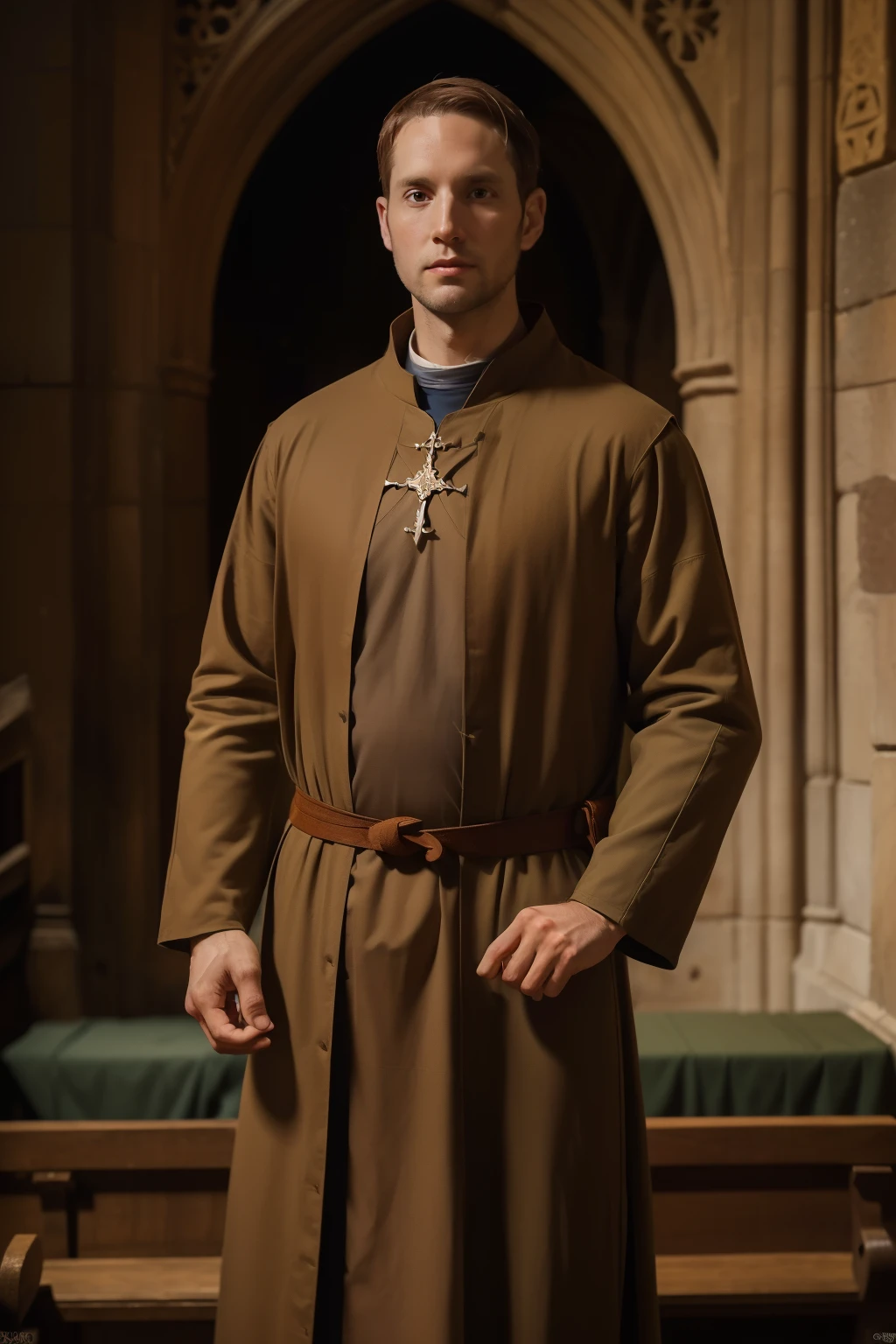 England, 1327. A young ((((34-year-old)) Thomas of Langley)), handsome, tall, stern, monk inside a cathedral, ((smug expression)). ((((monk clothings from the 1300s)))), ((monk  hairstyle of the 1300s))