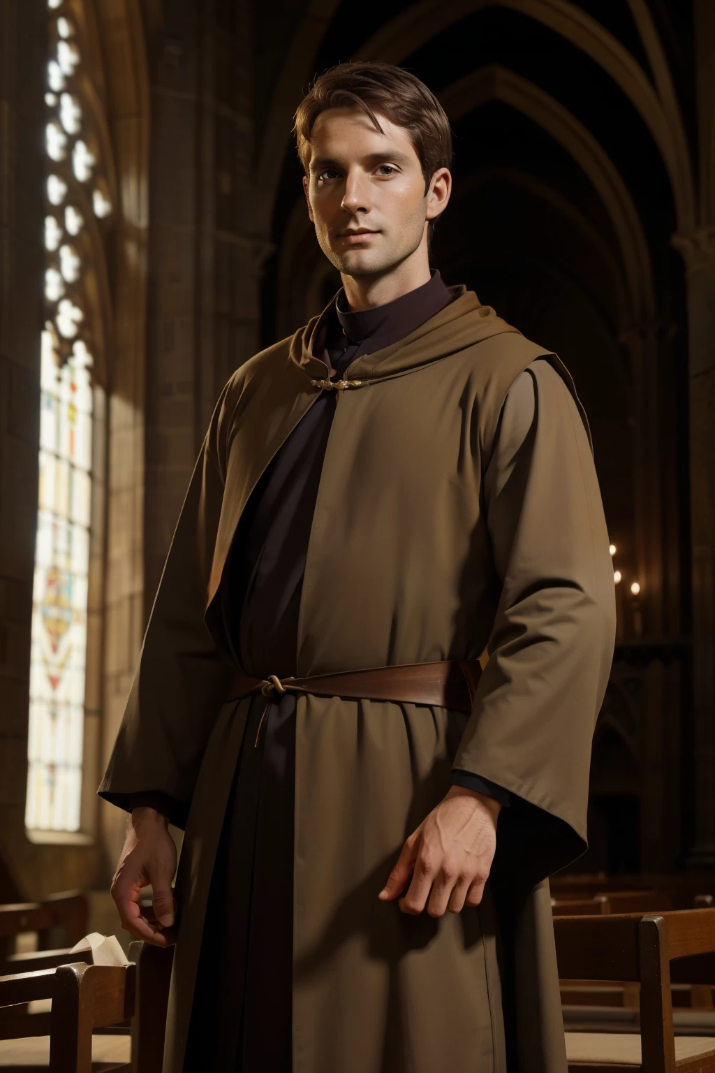 England, 1327. A young ((((34-year-old)) Thomas of Langley)), handsome, tall, stern, monk inside a cathedral, ((smug expression)). ((((monk clothings from the 1300s)))), ((monk dark hairstyle of the 1300s))